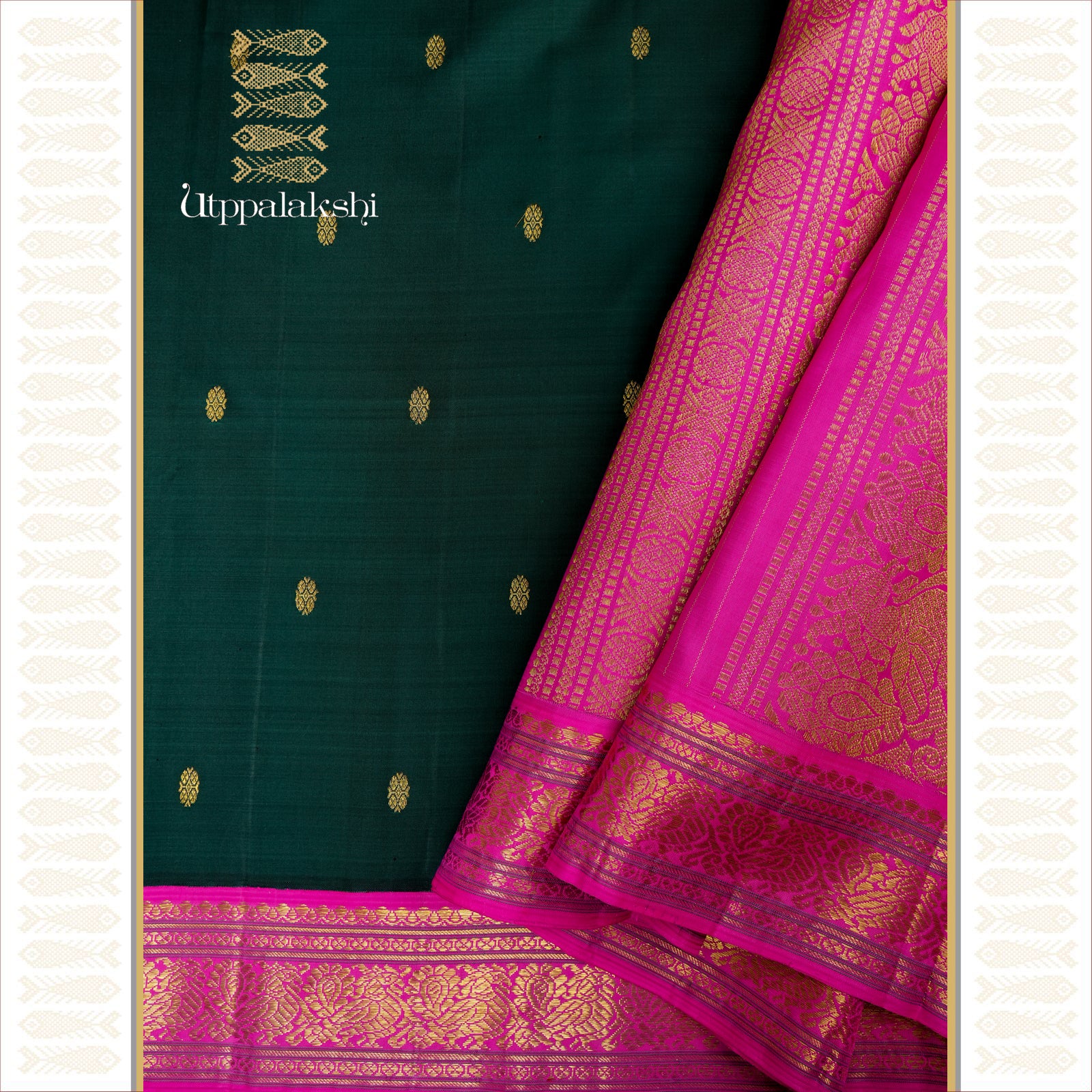 A Master Weaver’s Creation – Deep Green with Kamalam Buttas and Shocking Pink Contrast Border and Pallu – An Utppalakshi Handwoven Kanjivaram Silk Saree