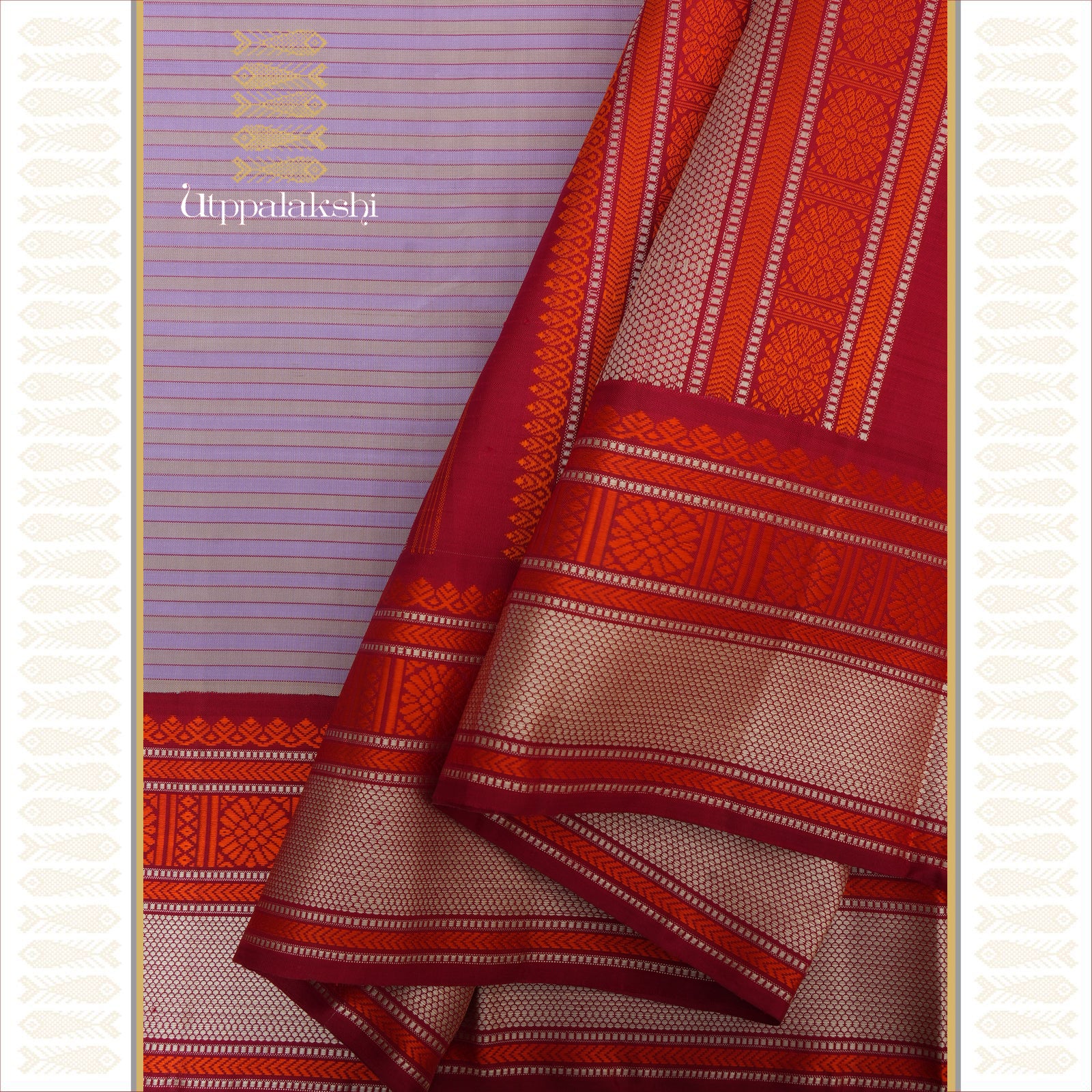A Master Weaver’s Creation – Lavender Vaazhapoo South Body with Red and White Silk Pettu Border and Matching Pallu – An Utppalakshi Handwoven Kanjivaram South Saree