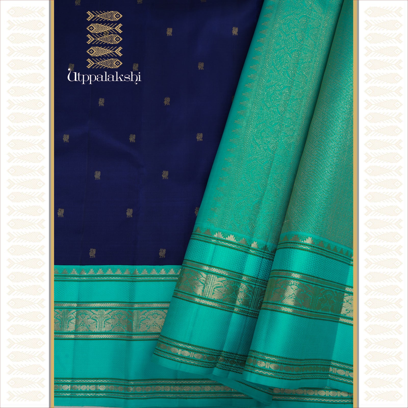 MS Blue with Small Annam Motifs and Copper sulphate Blue Grand Pallu with Peacock and Diamond Designs – An Utppalakshi Handwoven Kanjivaram Silk Saree