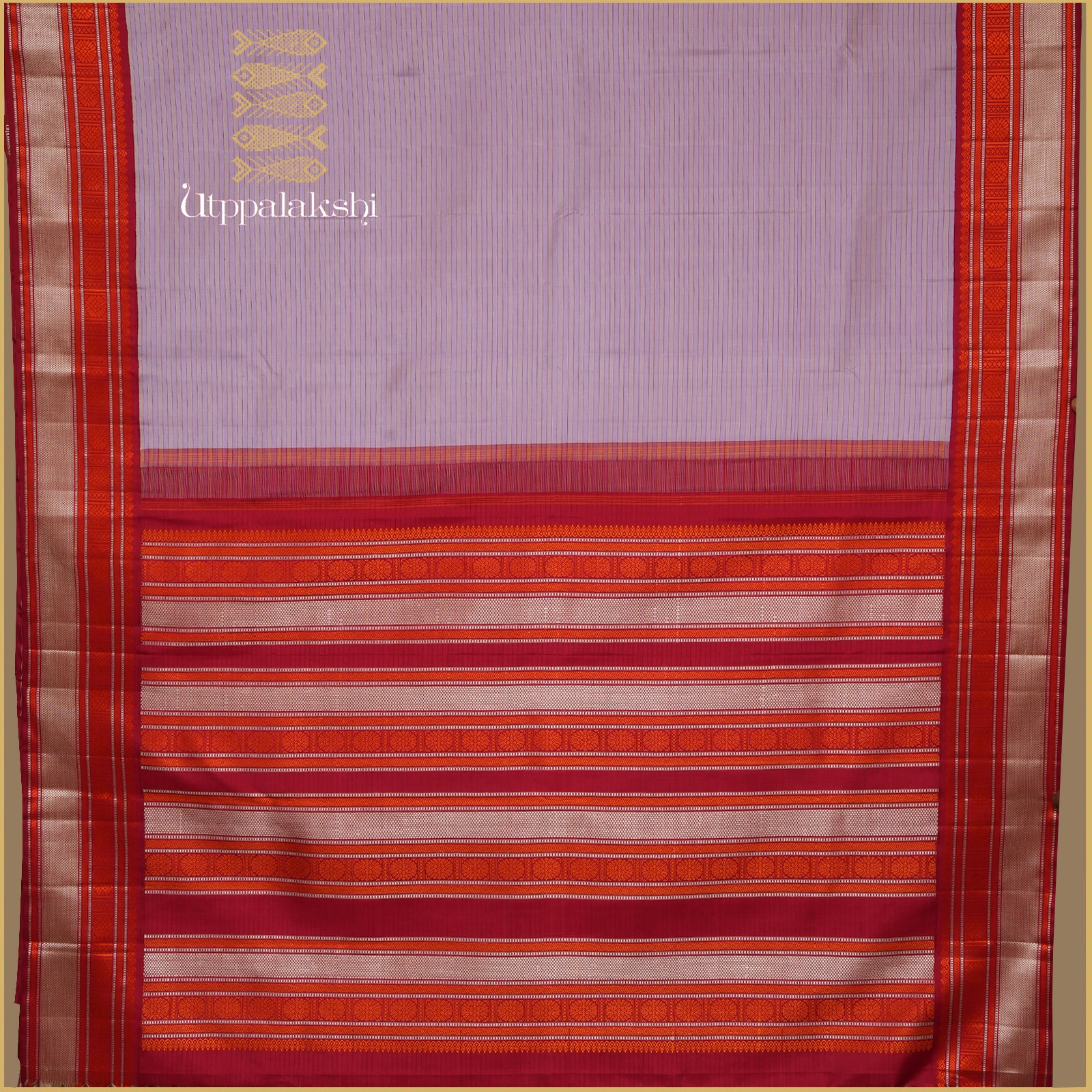 A Master Weaver’s Creation – Lavender Vaazhapoo South Body with Red and White Silk Pettu Border and Matching Pallu – An Utppalakshi Handwoven Kanjivaram South Saree