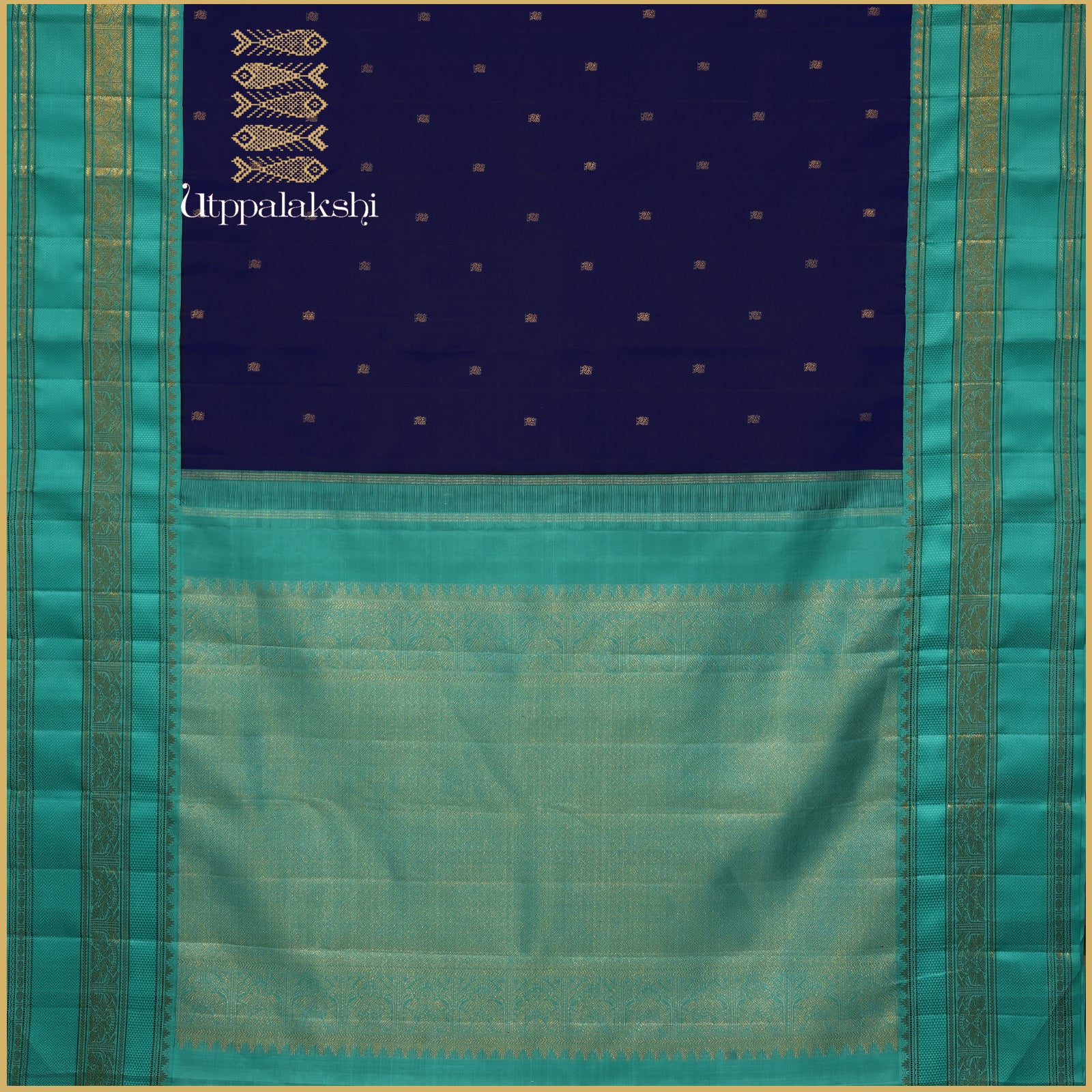 MS Blue with Small Annam Motifs and Copper sulphate Blue Grand Pallu with Peacock and Diamond Designs – An Utppalakshi Handwoven Kanjivaram Silk Saree