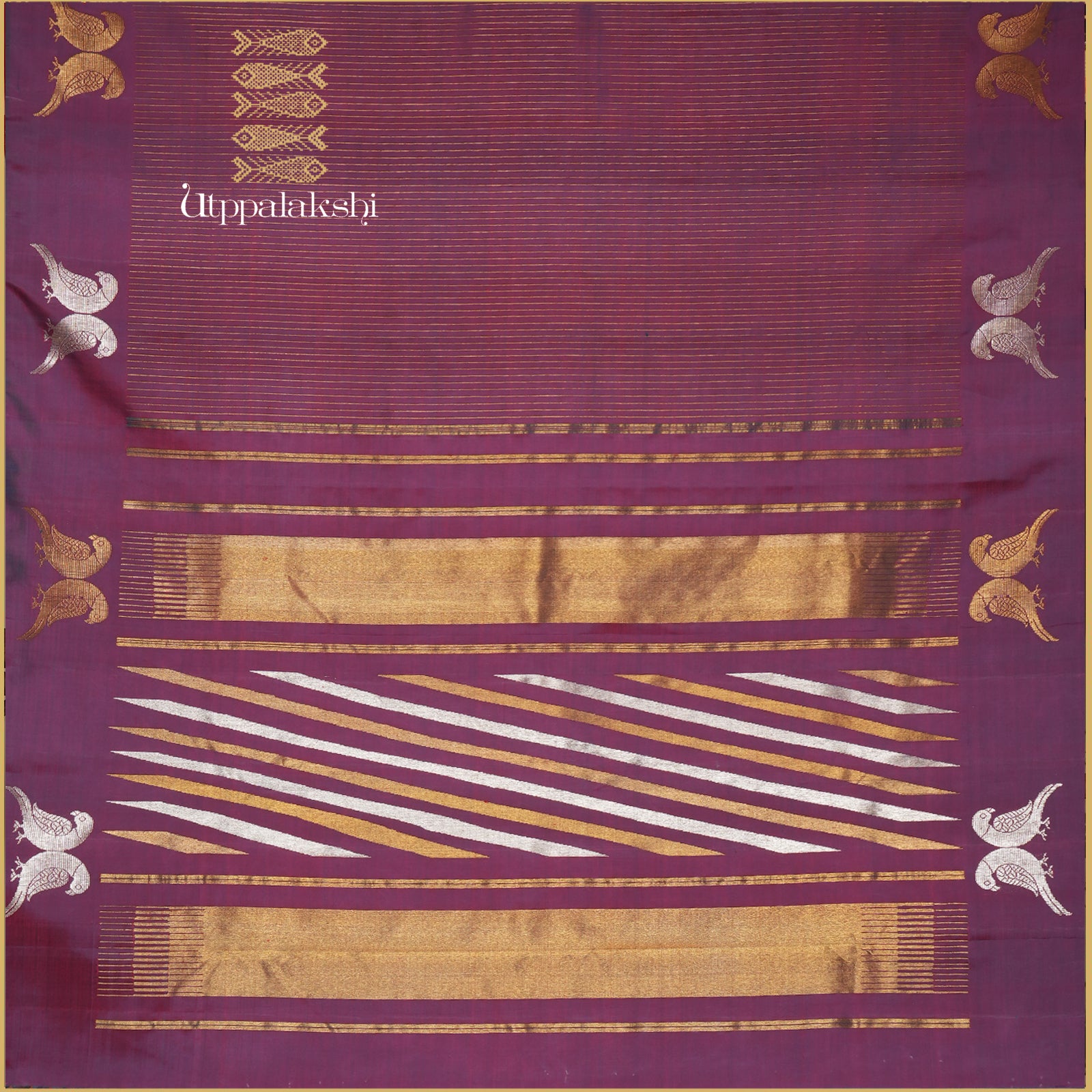 A Master Weaver’s Creation – Purple Body with Zari Lines and Silver & Gold Jodi Kili Border with Ettu Kol and Cheep Rake Pallu – An Utppalakshi Handwoven Kanjivaram Silk Saree