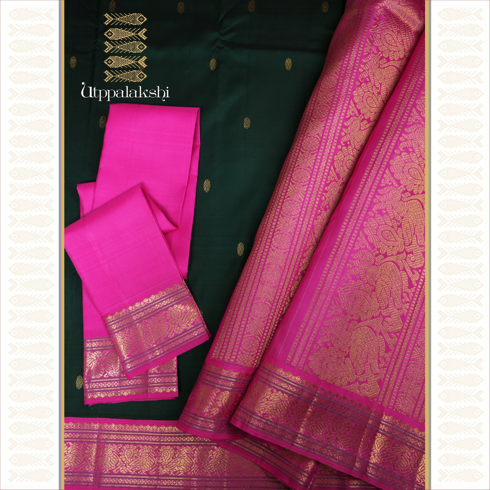 A Master Weaver’s Creation – Deep Green with Kamalam Buttas and Shocking Pink Contrast Border and Pallu – An Utppalakshi Handwoven Kanjivaram Silk Saree