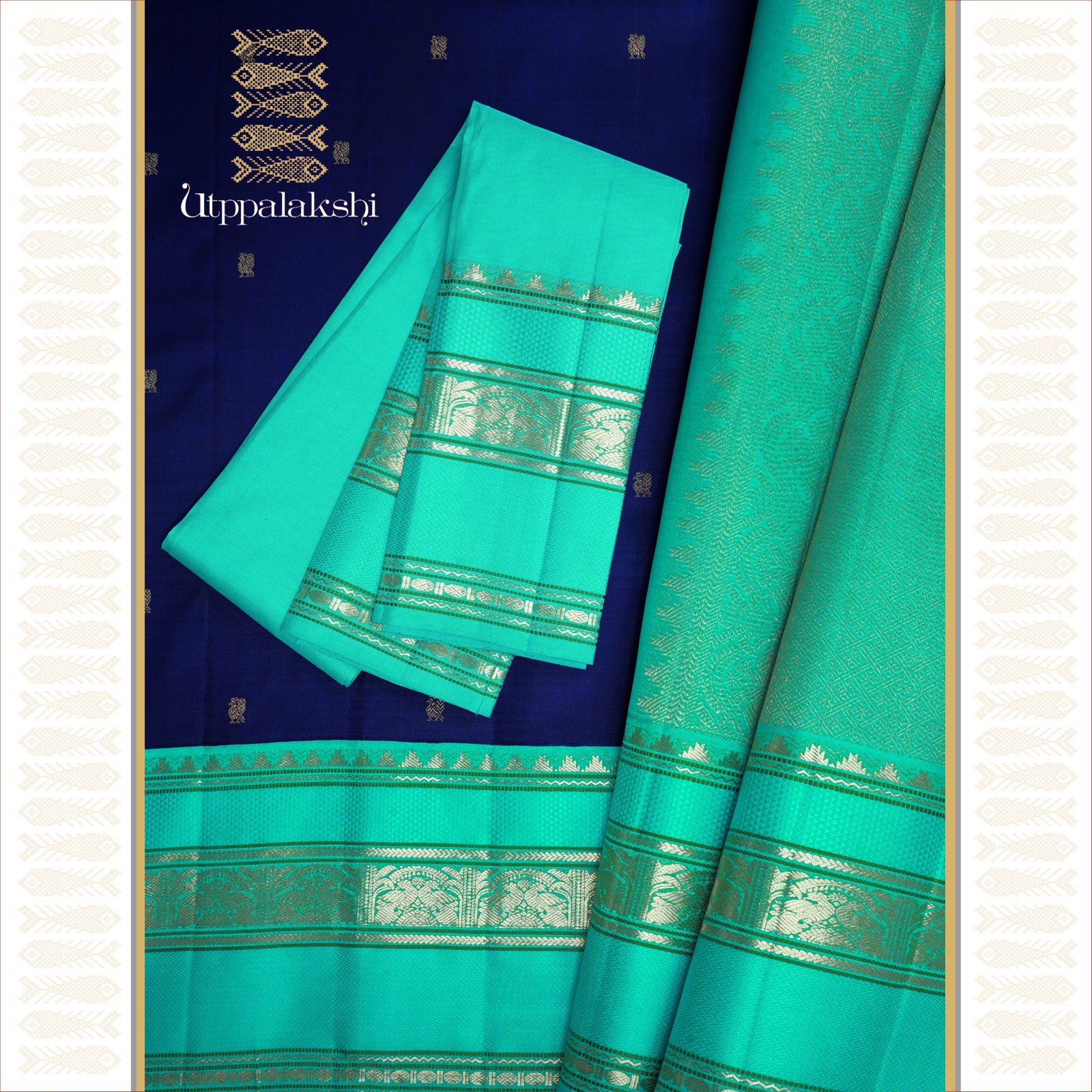 MS Blue with Small Annam Motifs and Copper sulphate Blue Grand Pallu with Peacock and Diamond Designs – An Utppalakshi Handwoven Kanjivaram Silk Saree