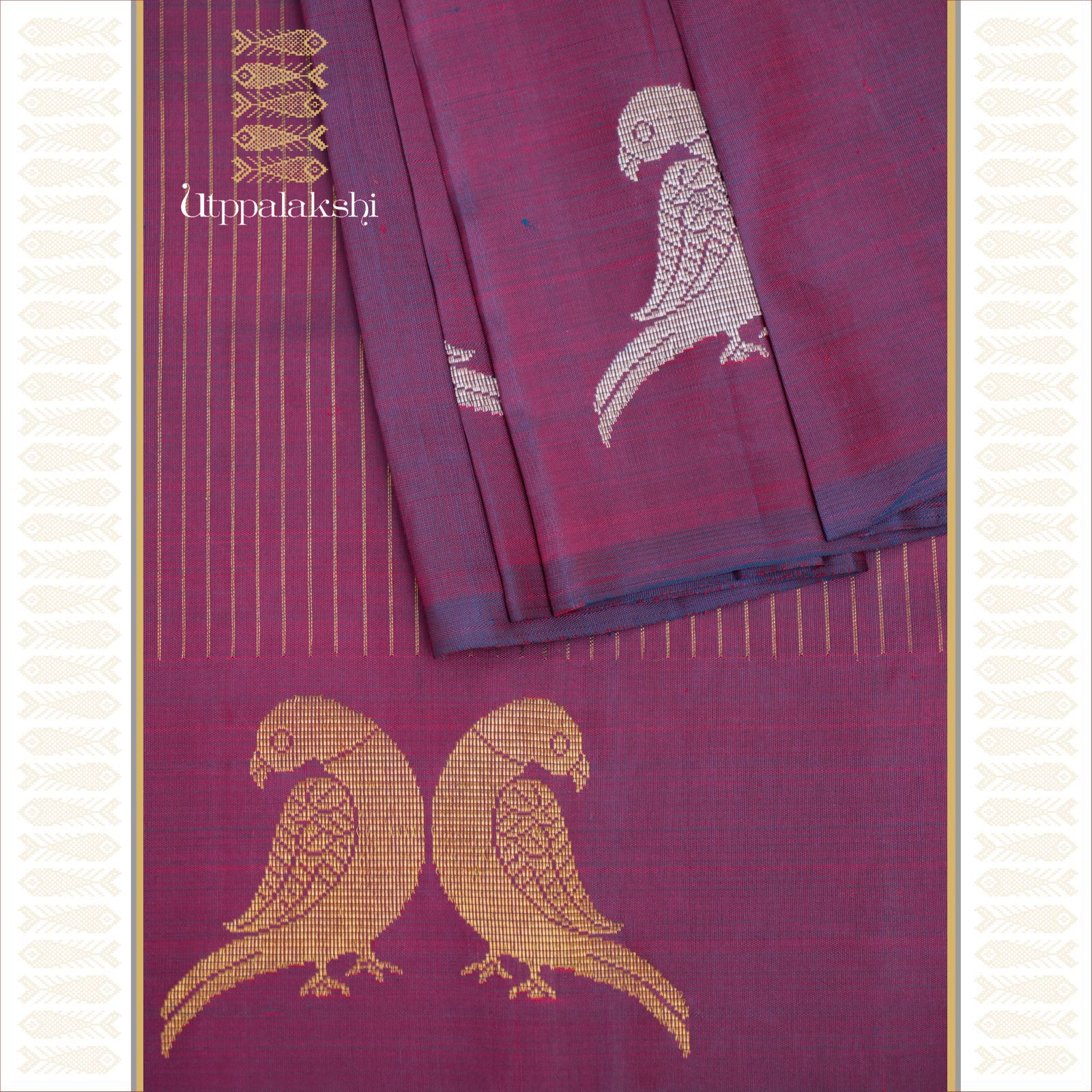 A Master Weaver’s Creation – Purple Body with Zari Lines and Silver & Gold Jodi Kili Border with Ettu Kol and Cheep Rake Pallu – An Utppalakshi Handwoven Kanjivaram Silk Saree