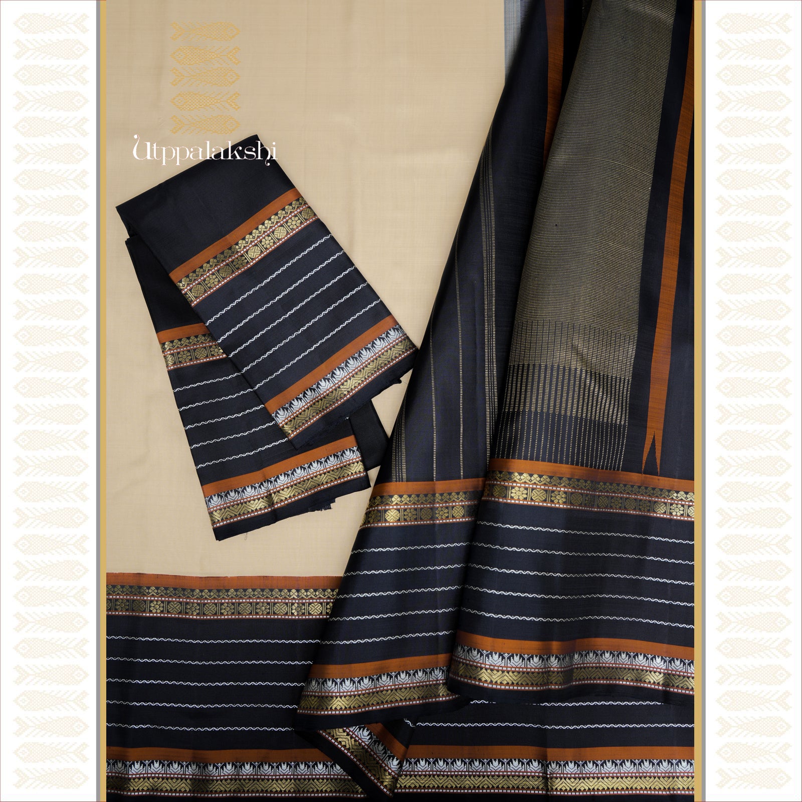 A Master Weaver’s Creation – Creamy White Plain Body with Black Border and Temple Motifs and Black Seer Pallu – An Utppalakshi Handwoven Kanjivaram Silk Saree