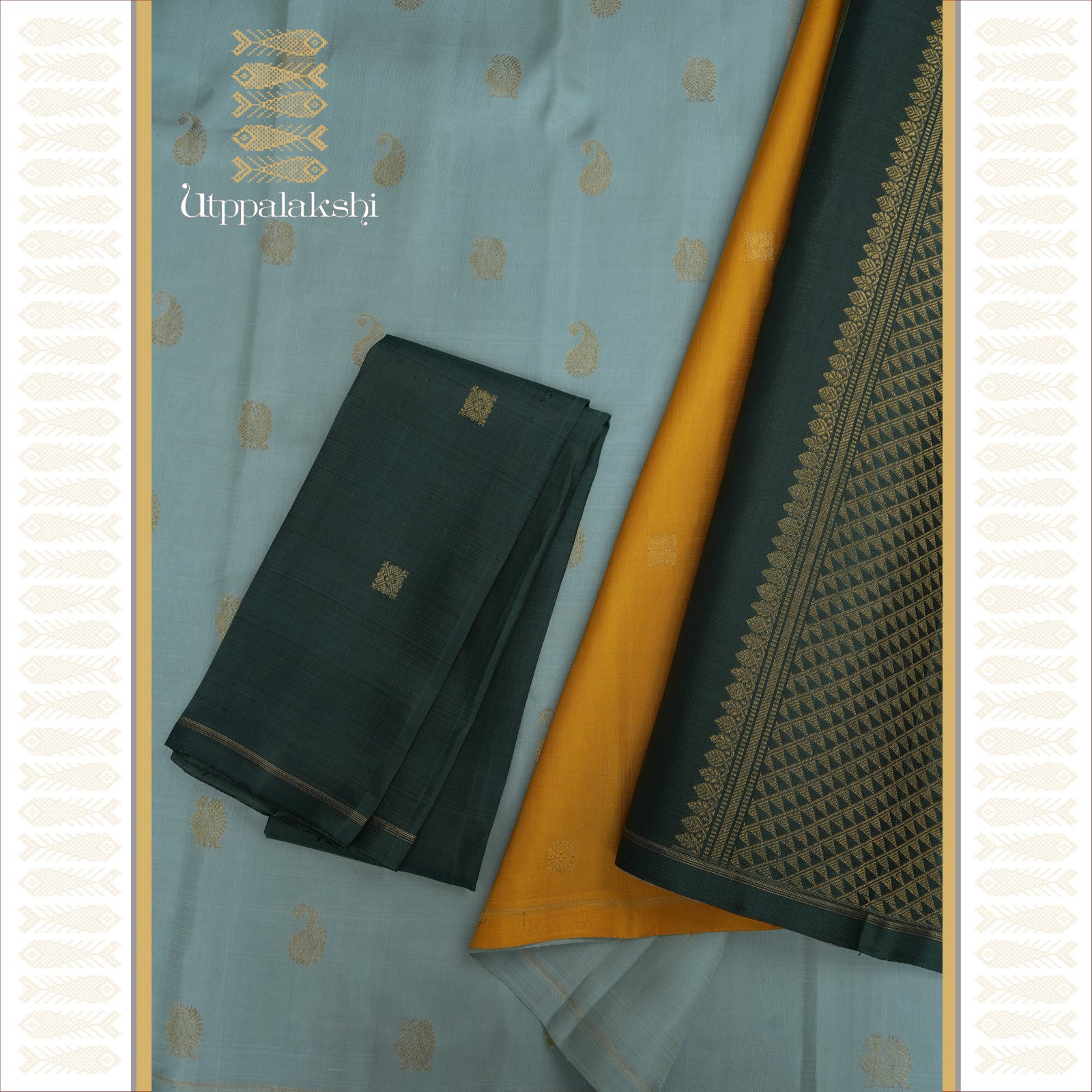 Smokey Blue with Annam and Mango Motifs and Dark Green & Yellow Double Pallu – An Utppalakshi Handwoven Kanjivaram Silk Saree