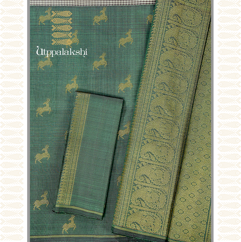 GREEN AND BROWN CHECKS HALF AND HALF SAREE -AN UTPPALAKSHI HANDWOVEN KANCHIPURAM SILK SAREE