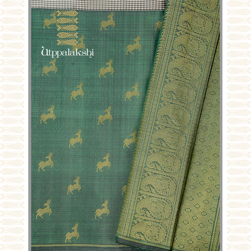 GREEN AND BROWN CHECKS HALF AND HALF SAREE -AN UTPPALAKSHI HANDWOVEN KANCHIPURAM SILK SAREE