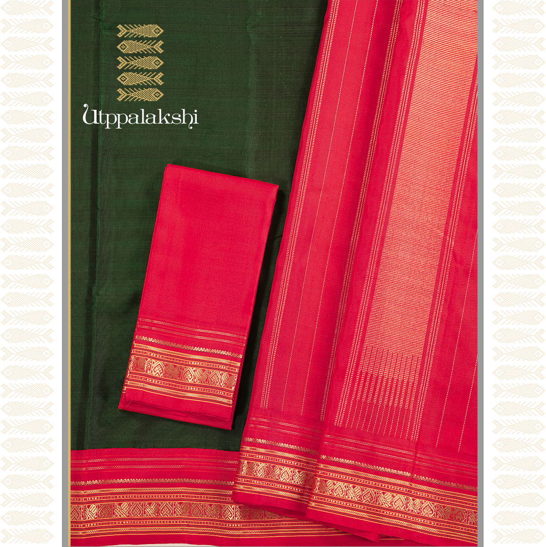BOTTLE GREEN SAREE WITH RED BORDER-AN UTPPALAKSHI HANDWOVEN KANCHIPURAM SILK SAREE