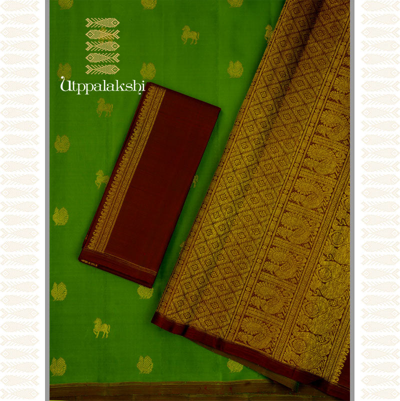 LEAF GREEN SAREE WITH COFFEE BROWN PALLU -AN UTPPALAKSHI HANDWOVEN KANCHIPURAM SILK SAREE