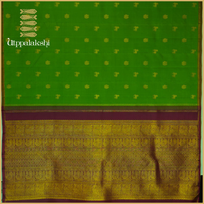 LEAF GREEN SAREE WITH COFFEE BROWN PALLU -AN UTPPALAKSHI HANDWOVEN KANCHIPURAM SILK SAREE