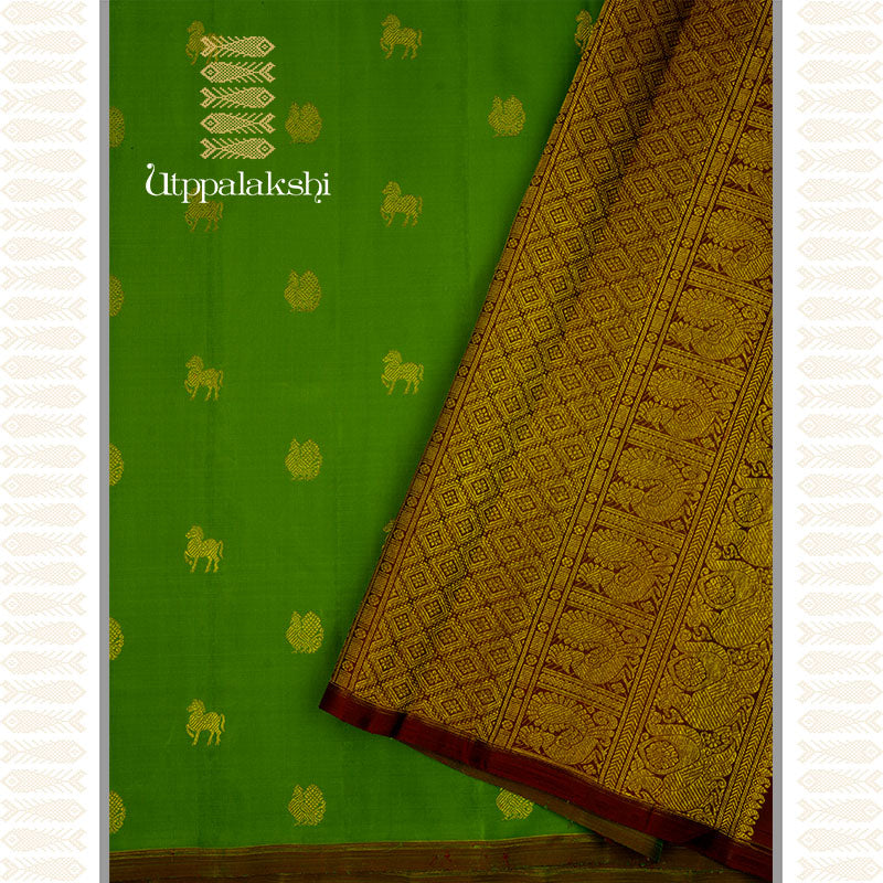LEAF GREEN SAREE WITH COFFEE BROWN PALLU -AN UTPPALAKSHI HANDWOVEN KANCHIPURAM SILK SAREE