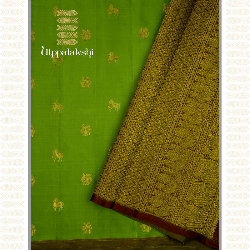 LEAF GREEN SAREE WITH COFFEE BROWN PALLU -AN UTPPALAKSHI HANDWOVEN KANCHIPURAM SILK SAREE