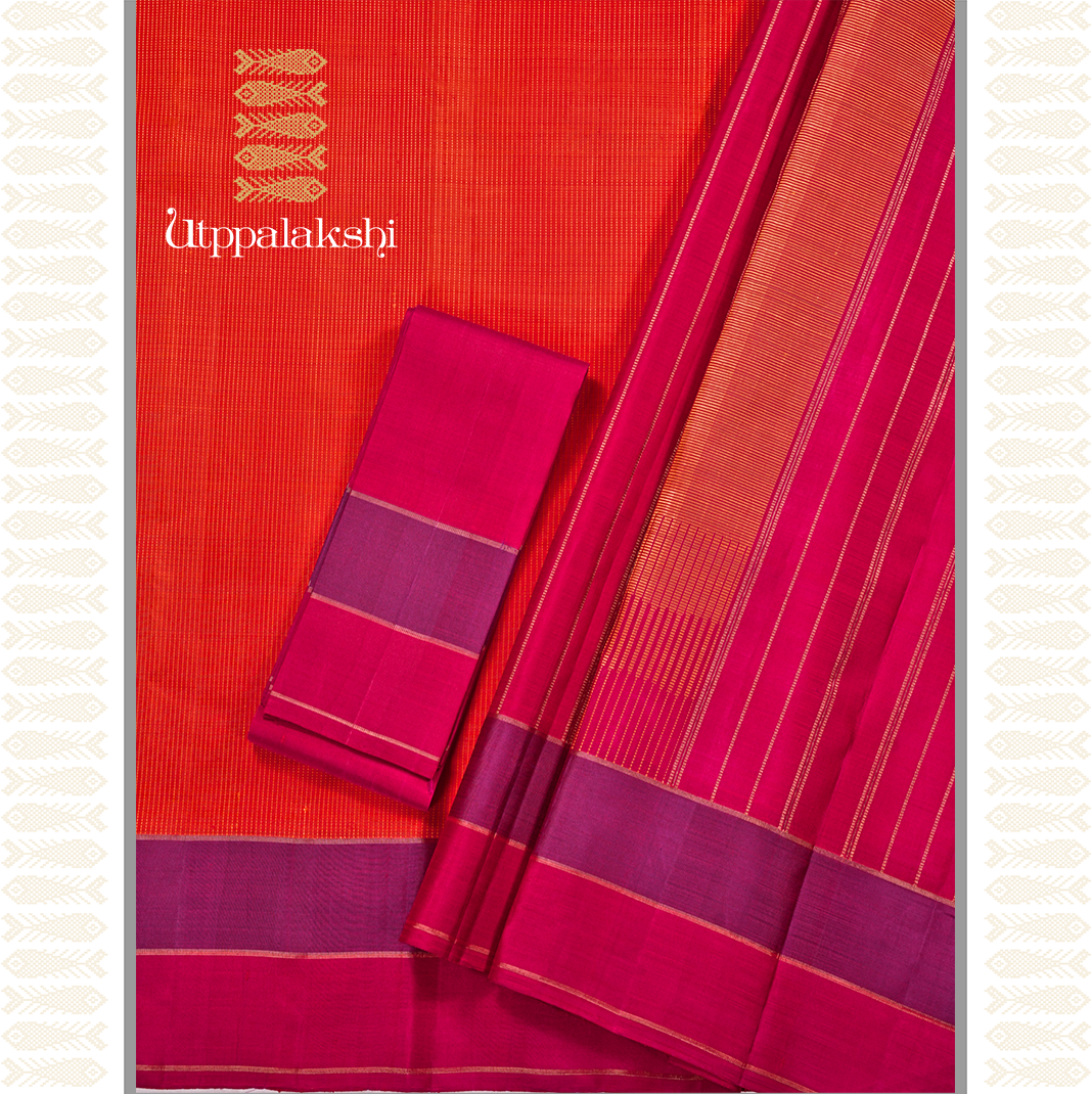 ORANGE MUTHU LINES WITH DOUBLE COLOUR BORDER-AN UTPPALAKSHI HANDWOVEN KANCHIPURAM SILK SAREE