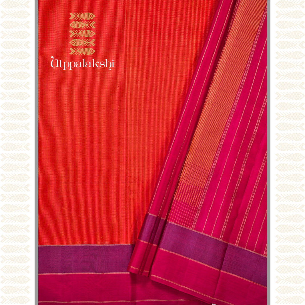 ORANGE MUTHU LINES WITH DOUBLE COLOUR BORDER-AN UTPPALAKSHI HANDWOVEN KANCHIPURAM SILK SAREE
