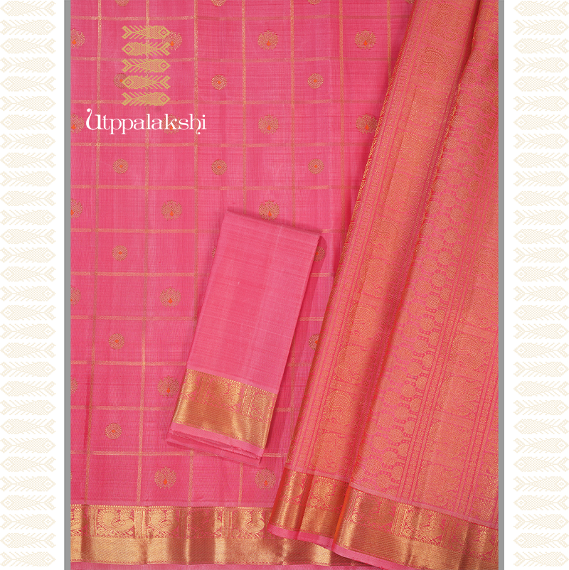 PINK JARI CHECKS SAREE WITH MEENA WORK-AN UTPPALAKSHI HANDWOVEN KANCHIPURAM SILK SAREE