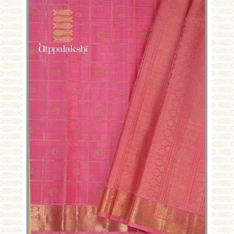 PINK JARI CHECKS SAREE WITH MEENA WORK-AN UTPPALAKSHI HANDWOVEN KANCHIPURAM SILK SAREE