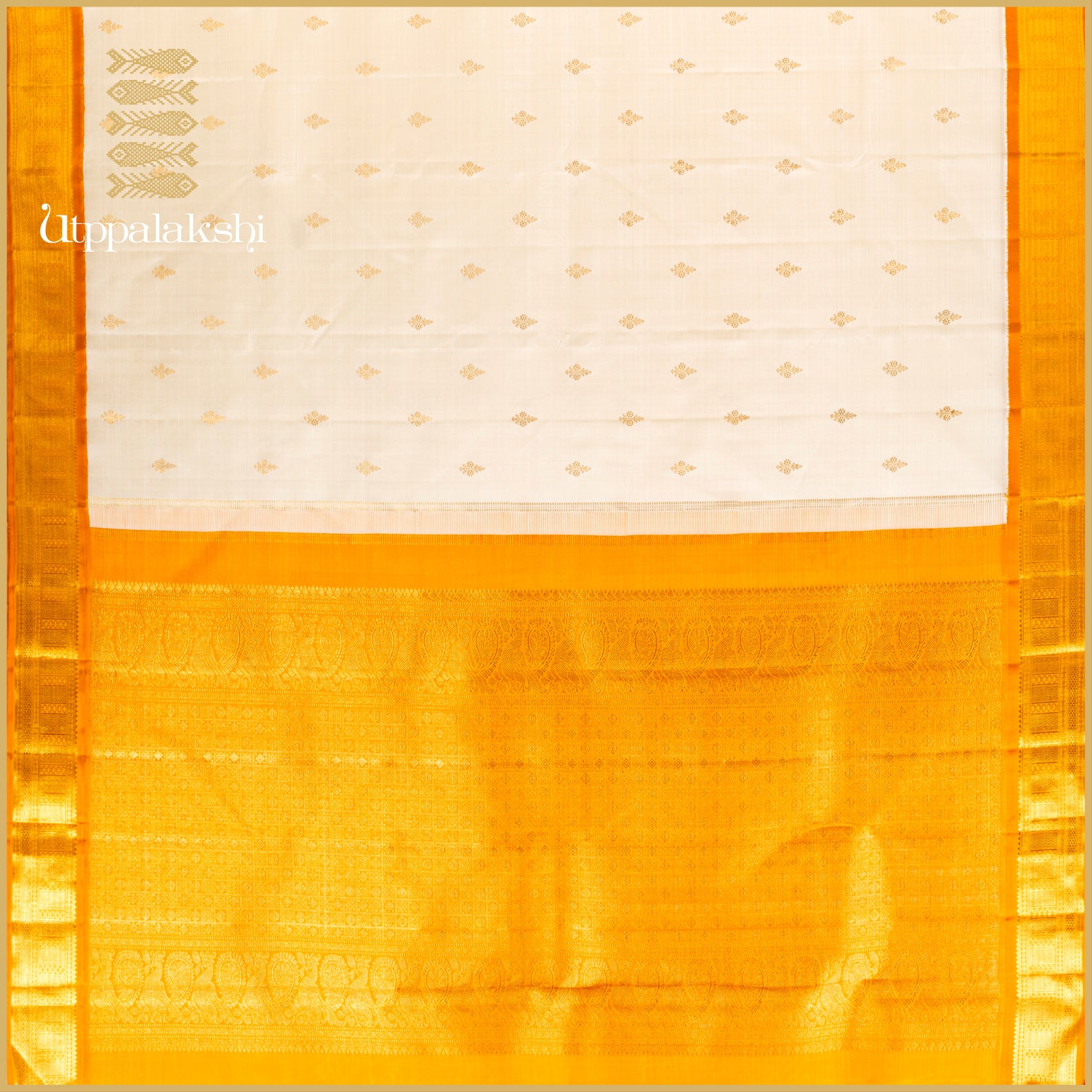 OFF-WHITE WITH FLORAL MOTIF & TURMERIC GEOMETRIC BORDER - AN UTPPALAKSHI HANDWOVEN KANJIVARAM SILK SAREE