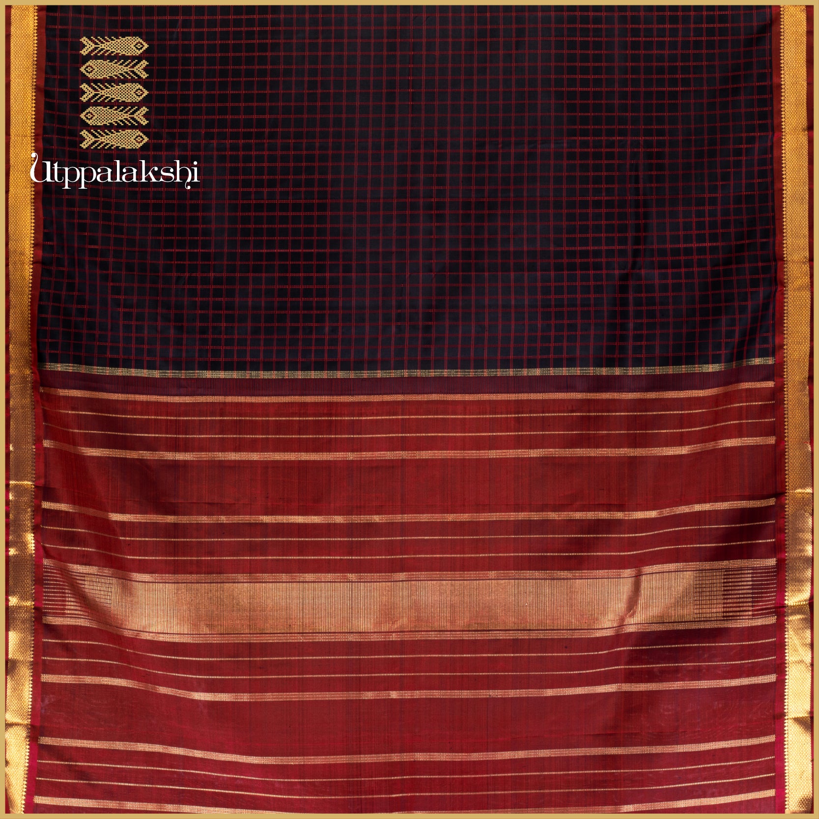 BLACK DOUBE MUTHU KATTAM SAREE WITH MAROON MAYILKAN ZARI BORDER - AN UTPPALAKSHI HANDWOVEN KANJIVARAM SILK SAREE