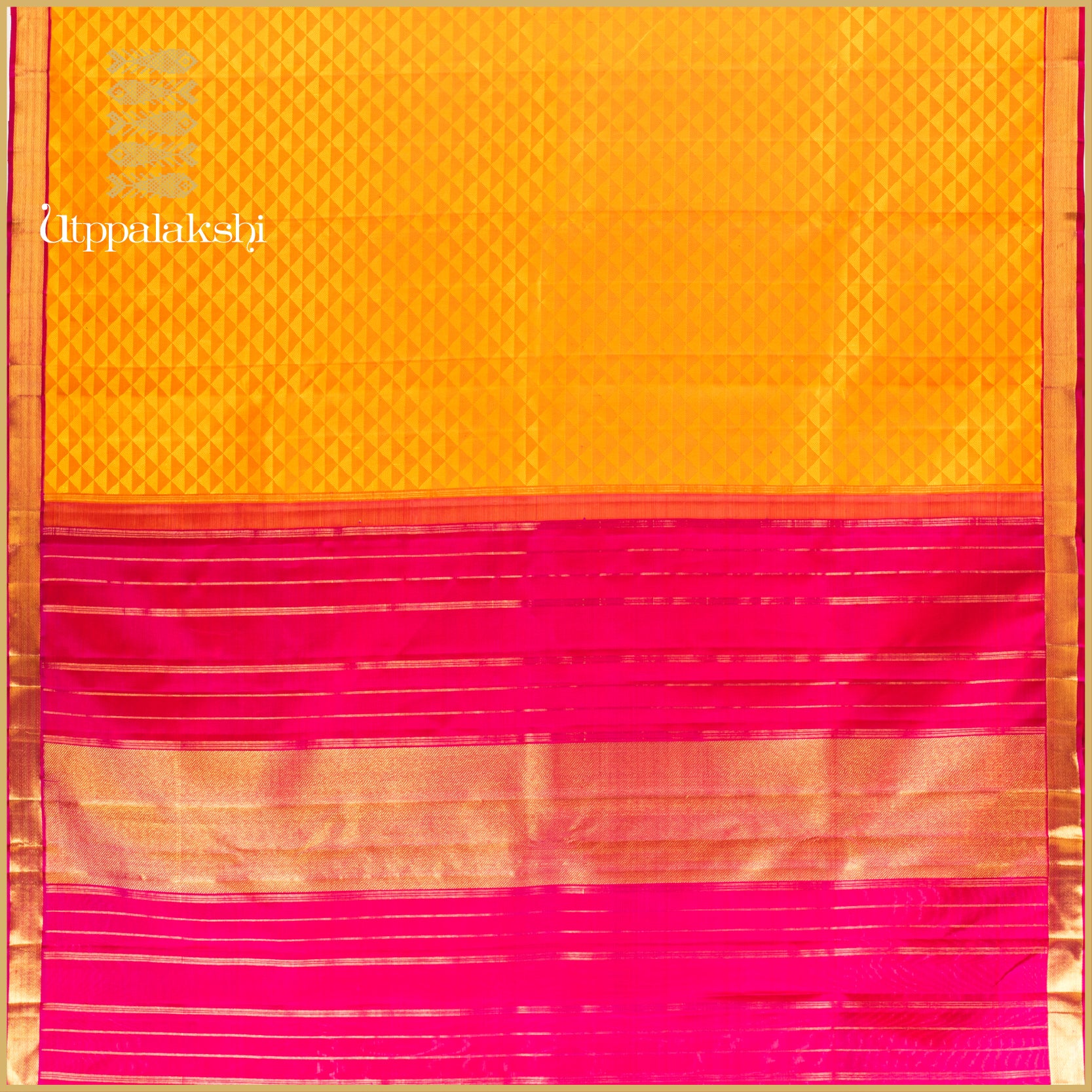 PYRAMID & JAANGLA IN MUSTARD & RADIANT PINK - AN UTPPALAKSHI HANDWOVEN KANJIVARAM SILK SAREE
