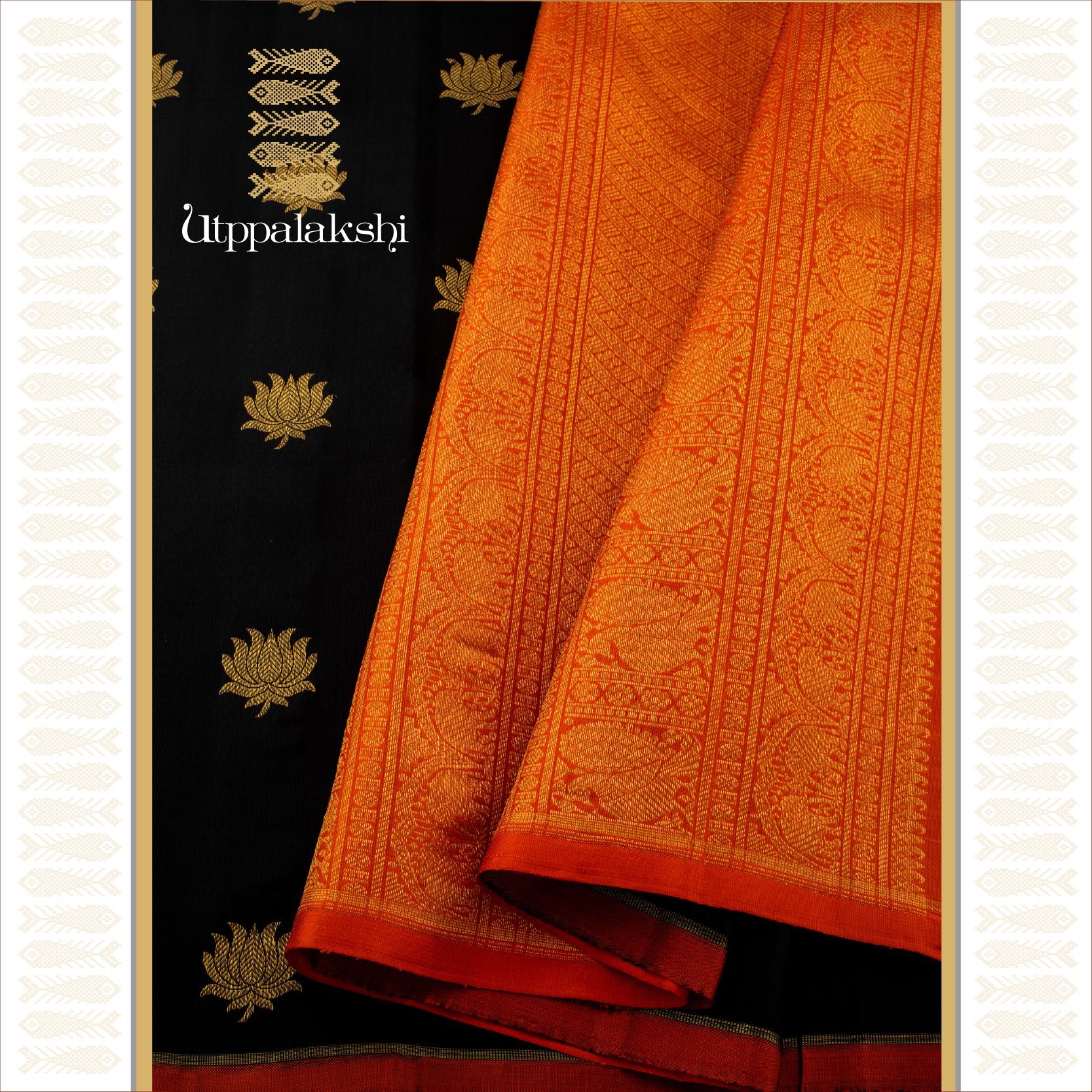 BLACK LOTUS MOTIF BODY WITH BURNT ORANGE ZARI PALLU & BORDER- AN UTPPALAKSHI HANDWOVEN KANJIVARAM SILK SAREE