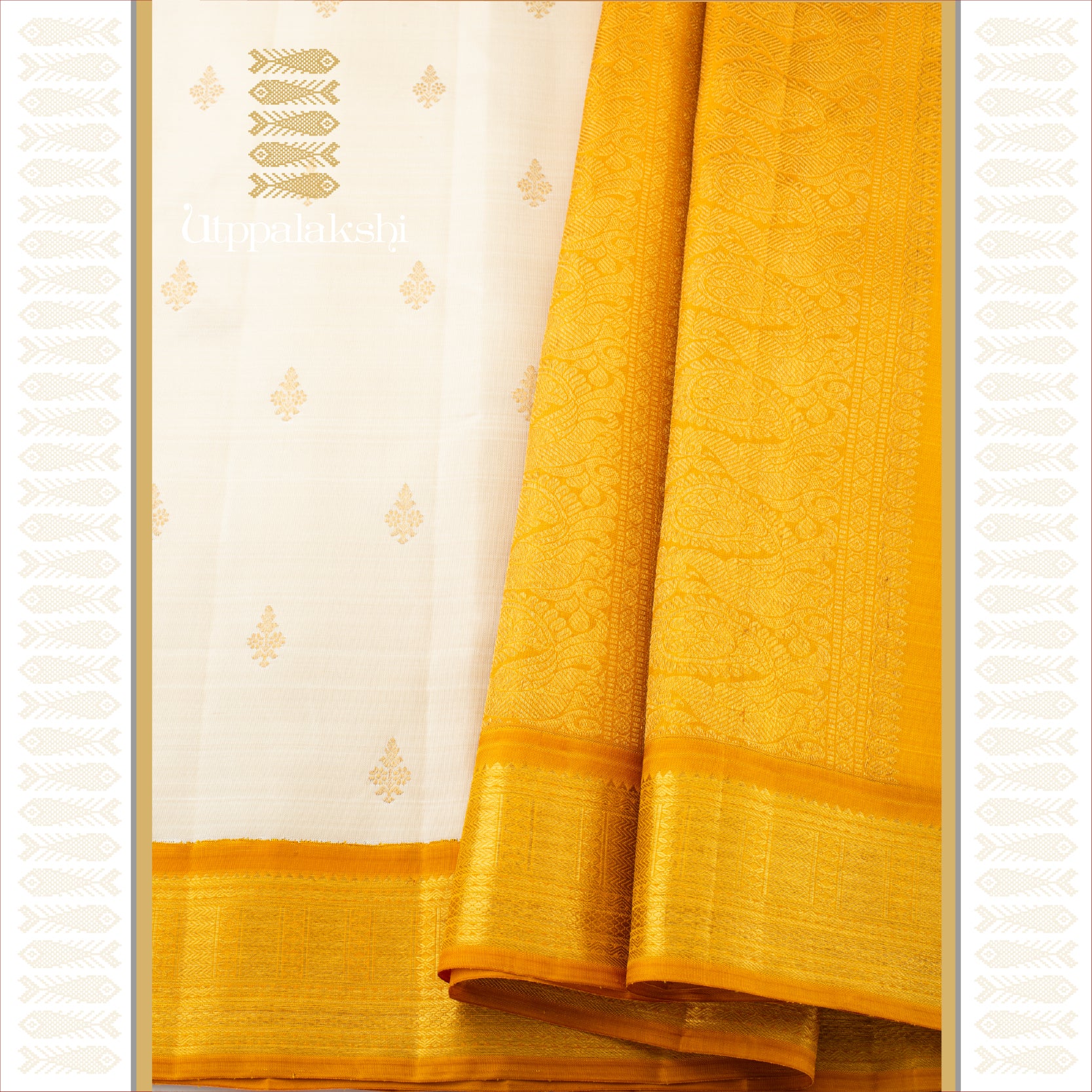 OFF-WHITE WITH FLORAL MOTIF & TURMERIC GEOMETRIC BORDER - AN UTPPALAKSHI HANDWOVEN KANJIVARAM SILK SAREE