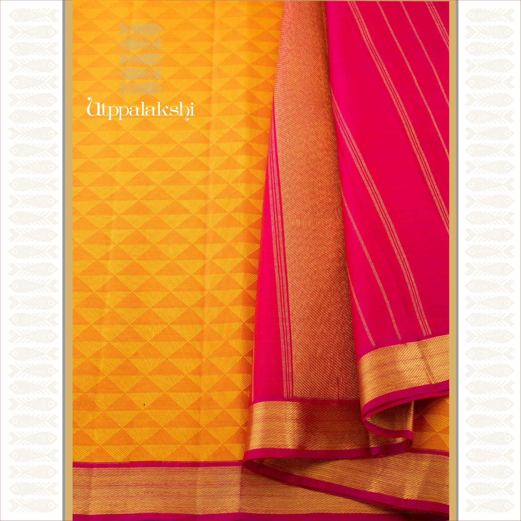 PYRAMID & JAANGLA IN MUSTARD & RADIANT PINK - AN UTPPALAKSHI HANDWOVEN KANJIVARAM SILK SAREE