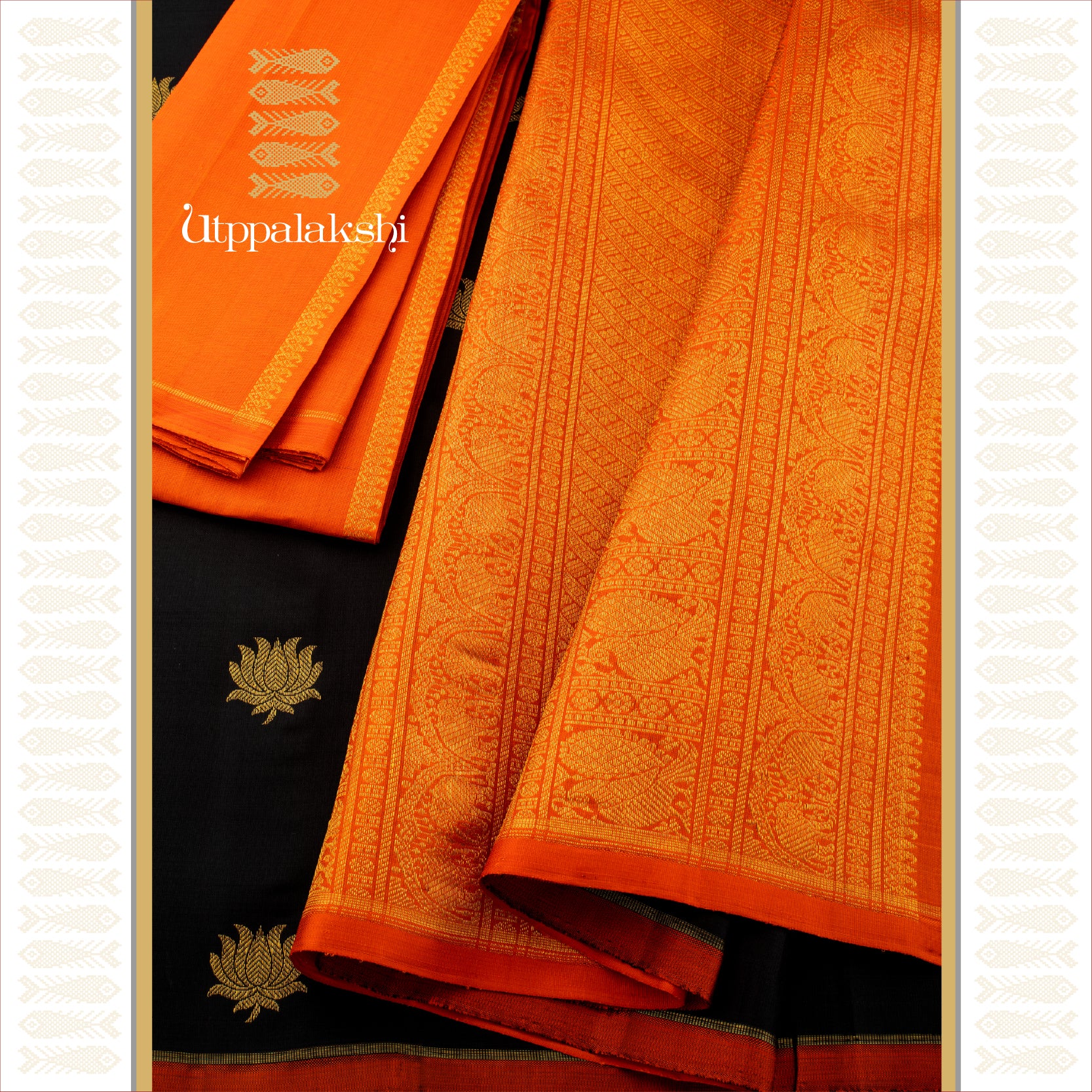 BLACK LOTUS MOTIF BODY WITH BURNT ORANGE ZARI PALLU & BORDER- AN UTPPALAKSHI HANDWOVEN KANJIVARAM SILK SAREE