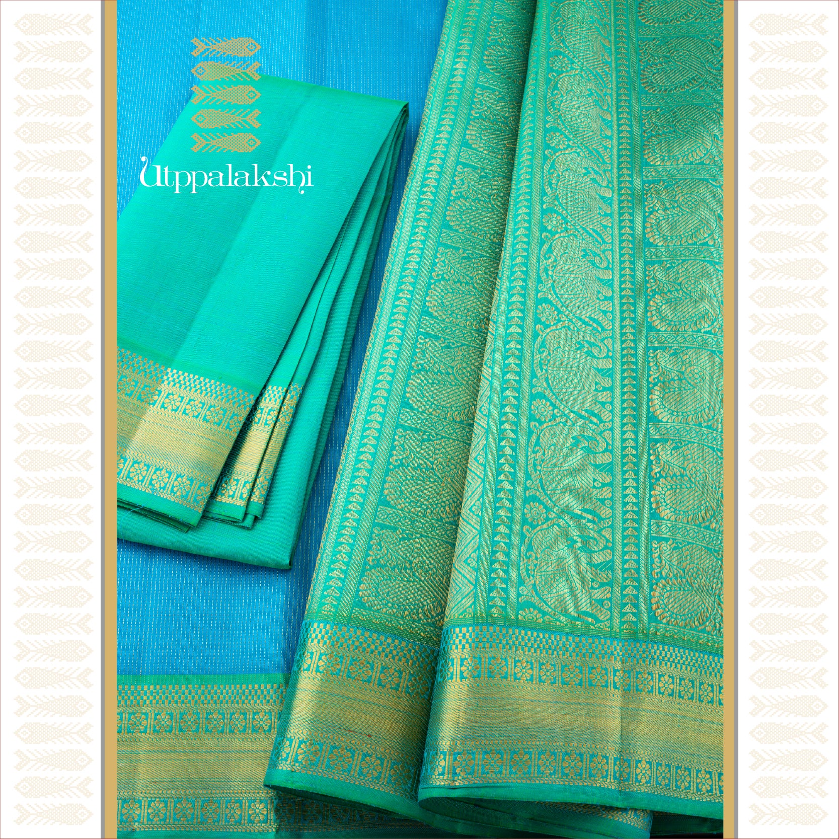 VIBRANT BLUE WITH SEA GREEN KORVAI, VAIRA OOSI & GETTI ZARI BORDER - AN UTPPALAKSHI HANDWOVEN KANJIVARAM SILK SAREE