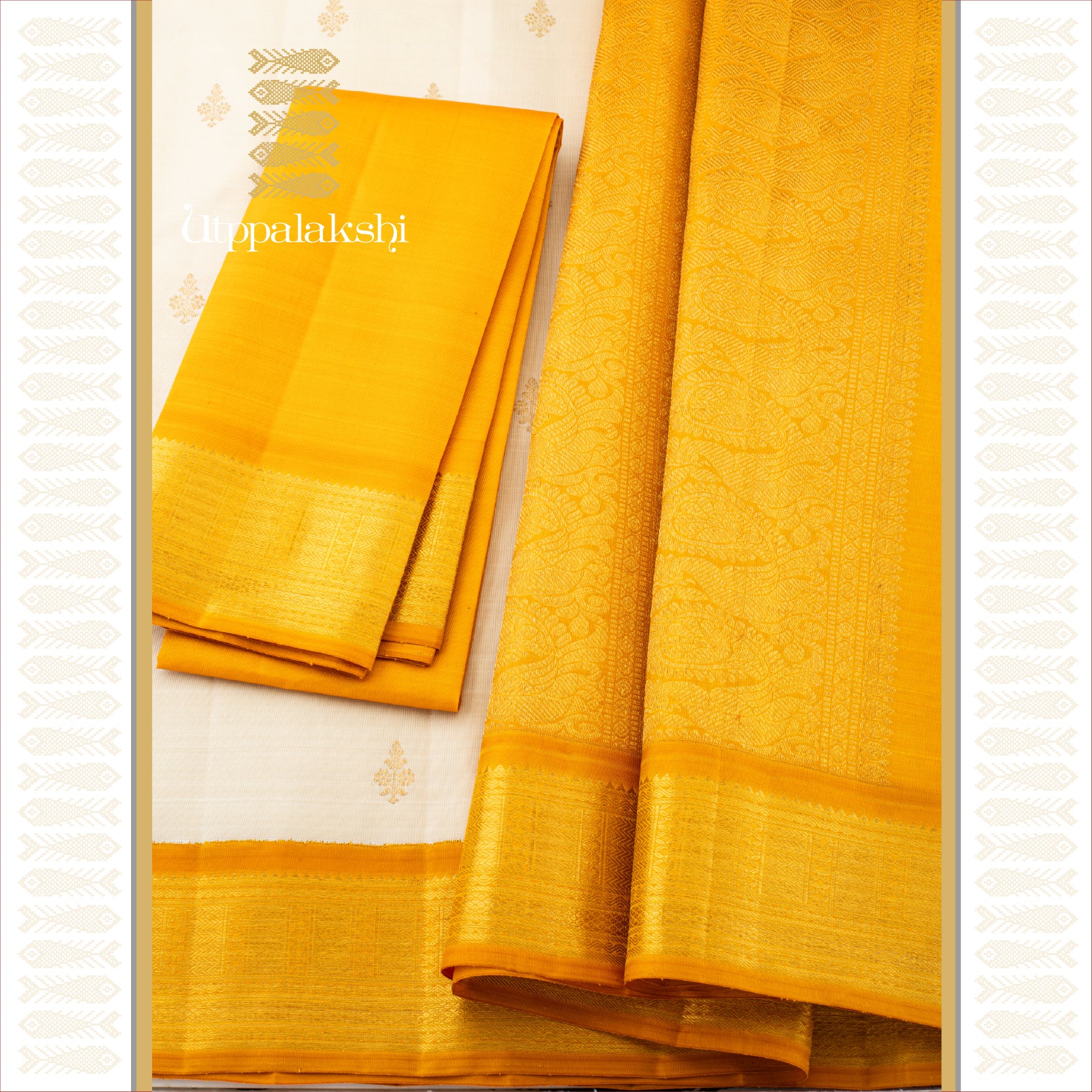 OFF-WHITE WITH FLORAL MOTIF & TURMERIC GEOMETRIC BORDER - AN UTPPALAKSHI HANDWOVEN KANJIVARAM SILK SAREE