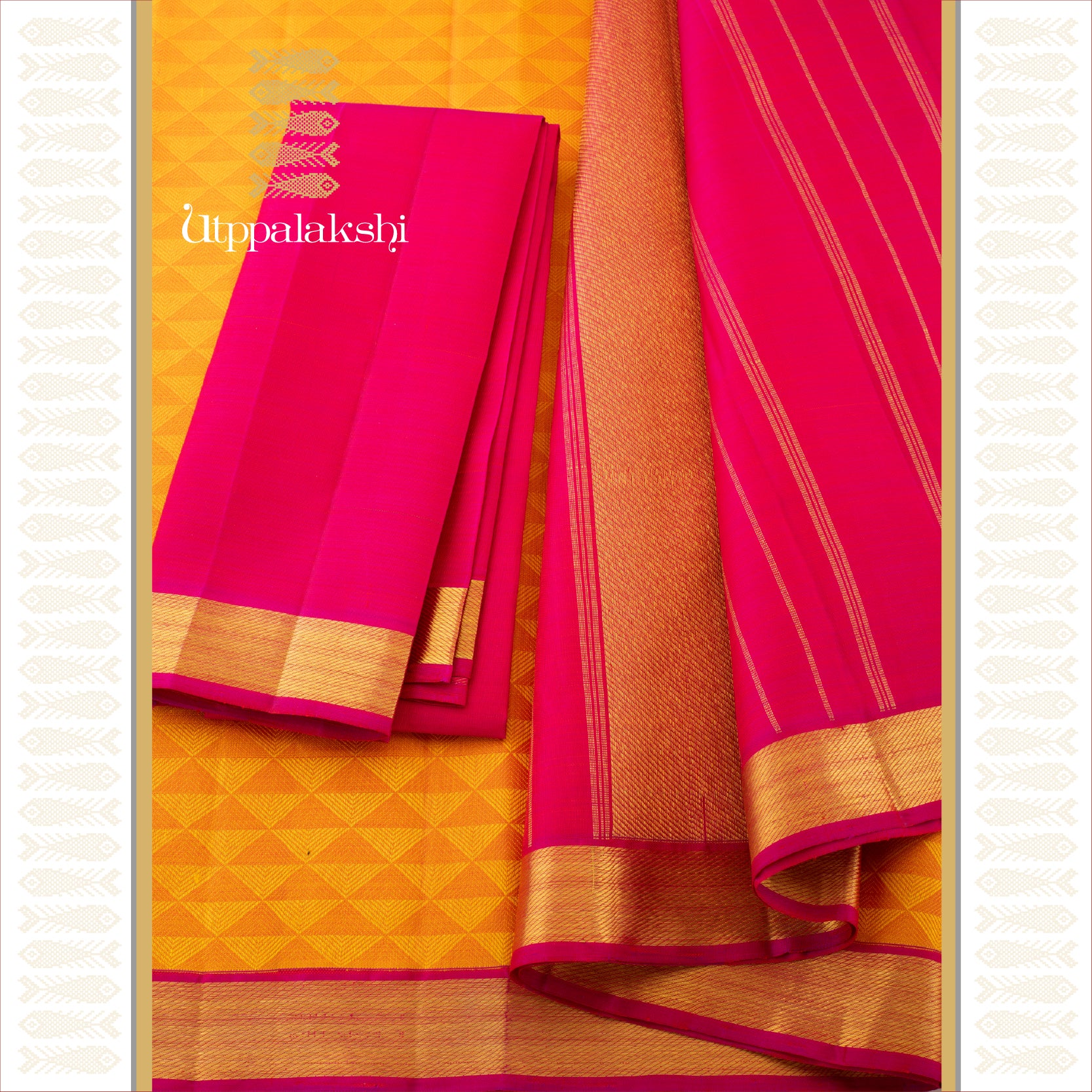 PYRAMID & JAANGLA IN MUSTARD & RADIANT PINK - AN UTPPALAKSHI HANDWOVEN KANJIVARAM SILK SAREE