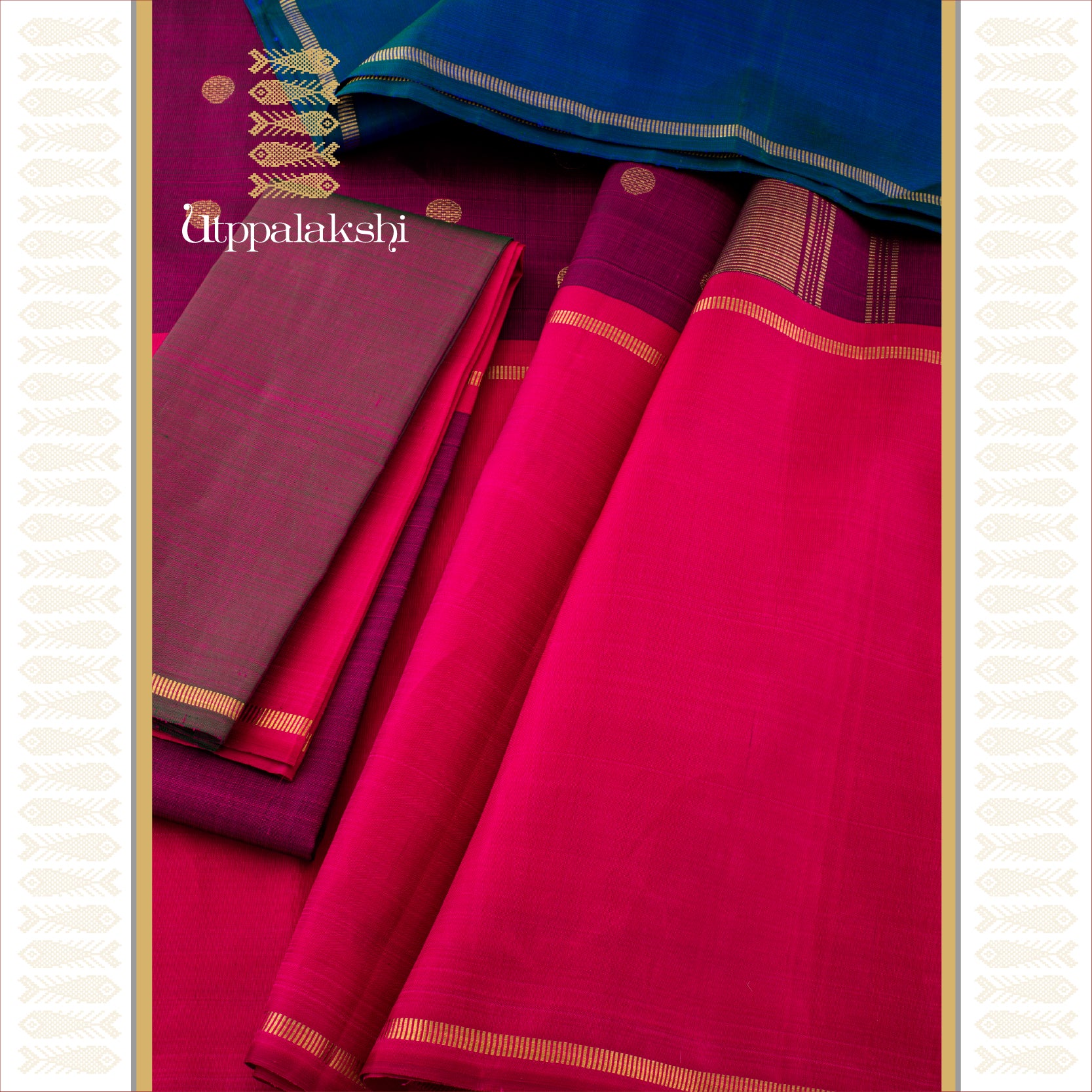 GANGA JAMUNA REVERSIBLE WITH DOT WEAVES & WATCH STRAP ZARI- AN UTPPALAKSHI HANDWOVEN KANJIVARAM SILK SAREE (Copy) (Copy)