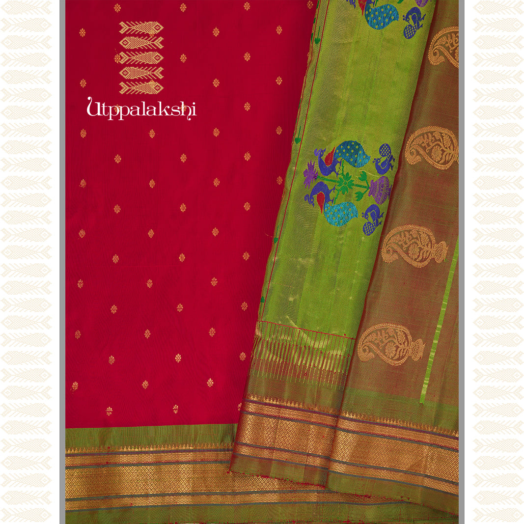 RED AND GREEN SAREE -AN UTPPALAKSHI HANDWOVEN PAITHANI SILK SAREE