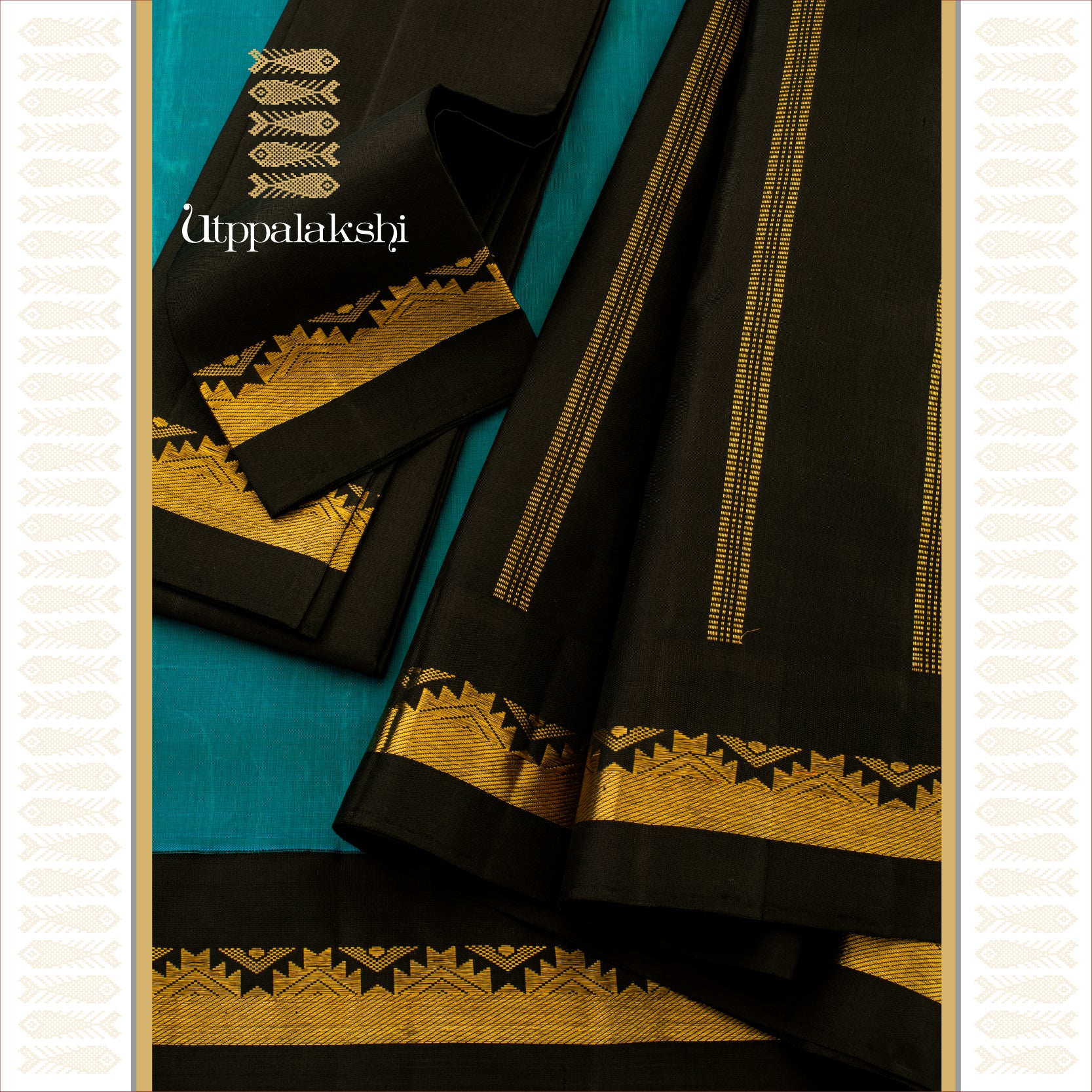 Peacock Blue with Black Korvai Temple Border - AN UTPPALAKSHI HANDWOVEN KANJIVARAM SILK SAREE
