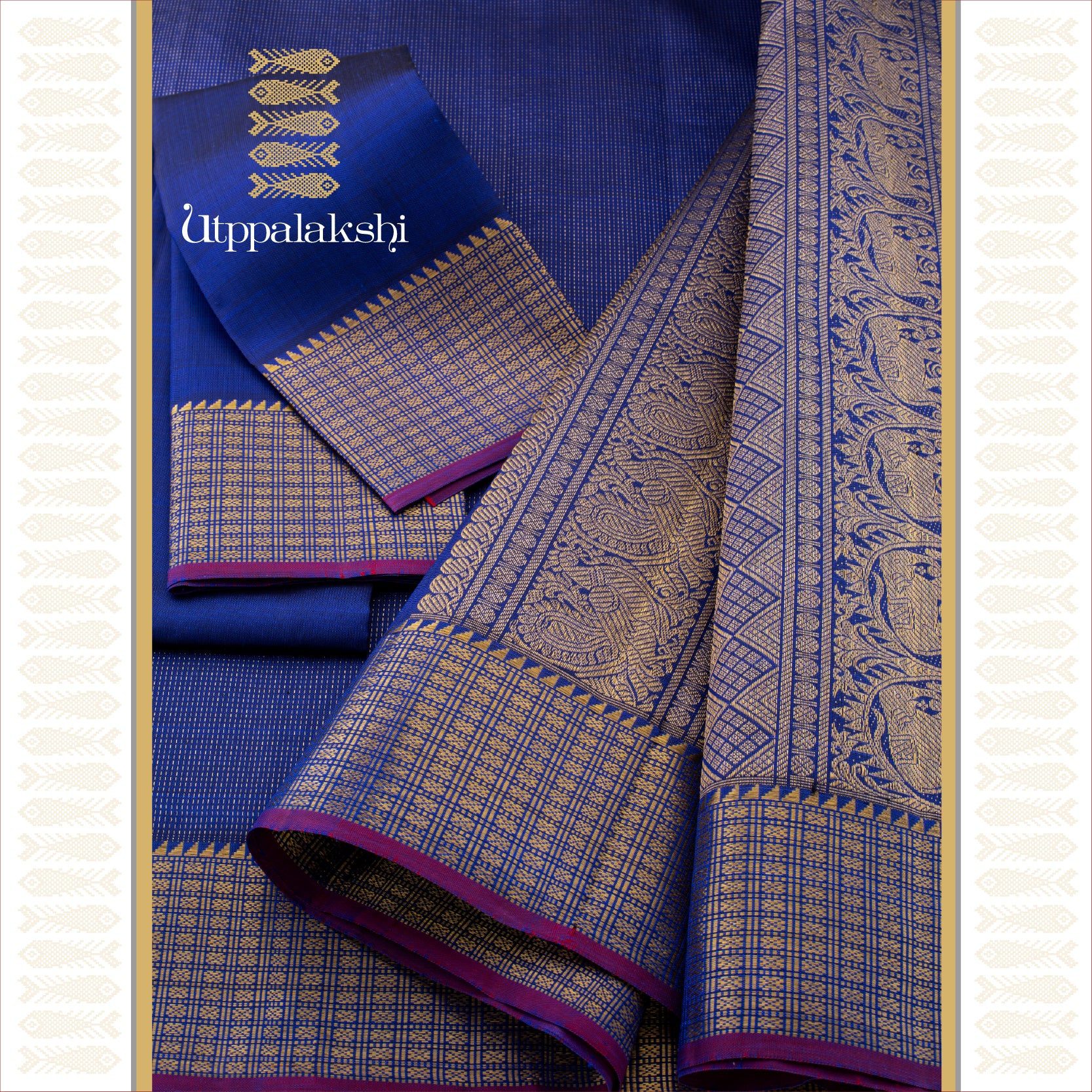 Blue Vertical Vaira Oosi with Rudraksham Getti Zari Border and Purple Edging - AN UTPPALAKSHI HANDWOVEN KANJIVARAM SILK SAREE