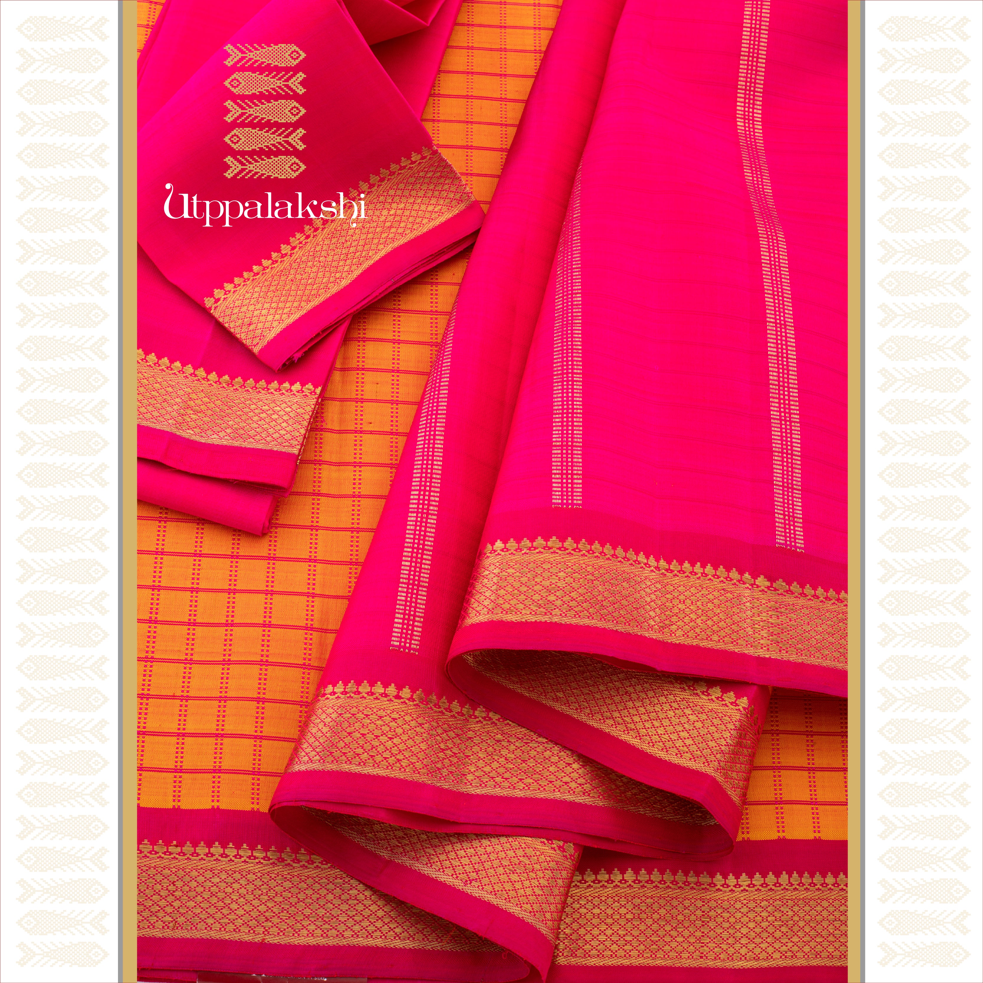 Orange and Pink Muthukattam with Simple Pallu - AN UTPPALAKSHI HANDWOVEN KANJIVARAM SILK SAREE