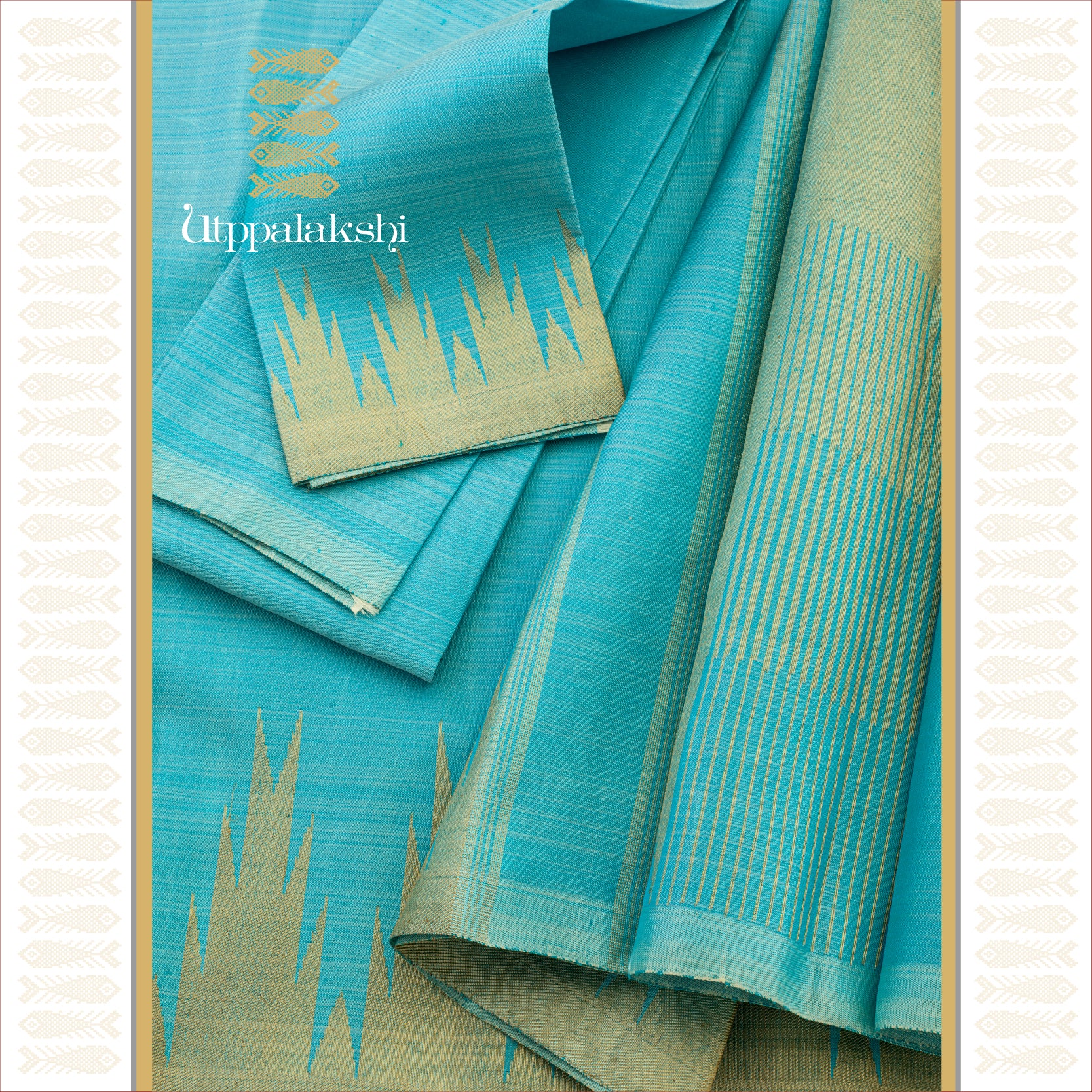 Ice Blue with Temple Border and Bavanji Pallu - AN UTPPALAKSHI HANDWOVEN KANJIVARAM SILK SAREE