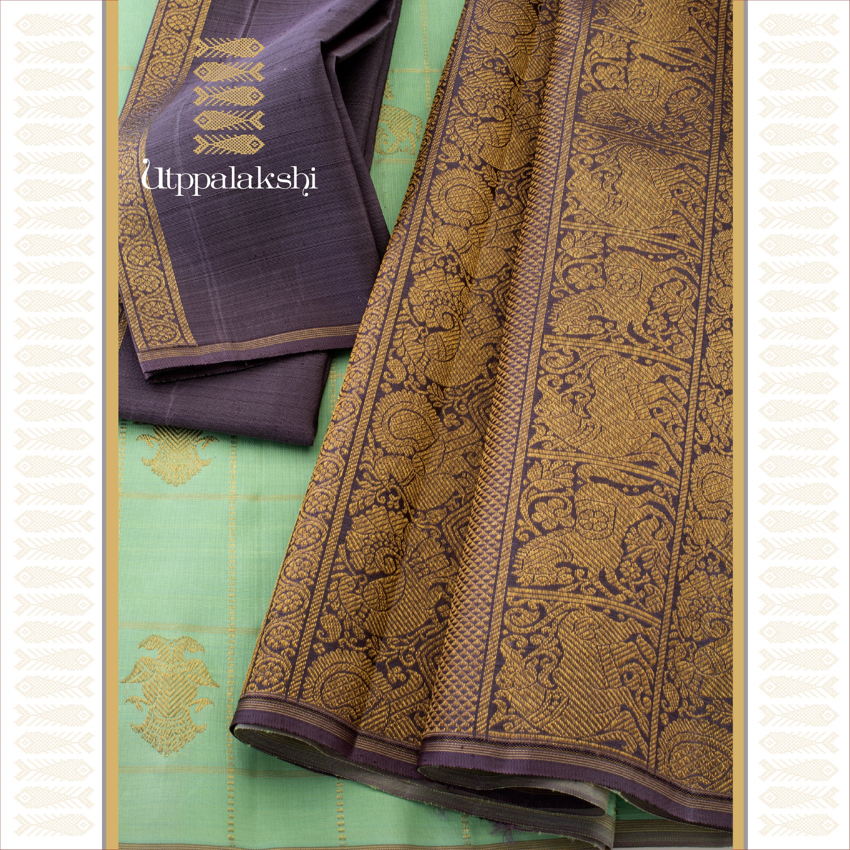 Cardamom Green with Gandaberunda and Dusty Purple Pallu - AN UTPPALAKSHI HANDWOVEN KANJIVARAM SILK SAREE