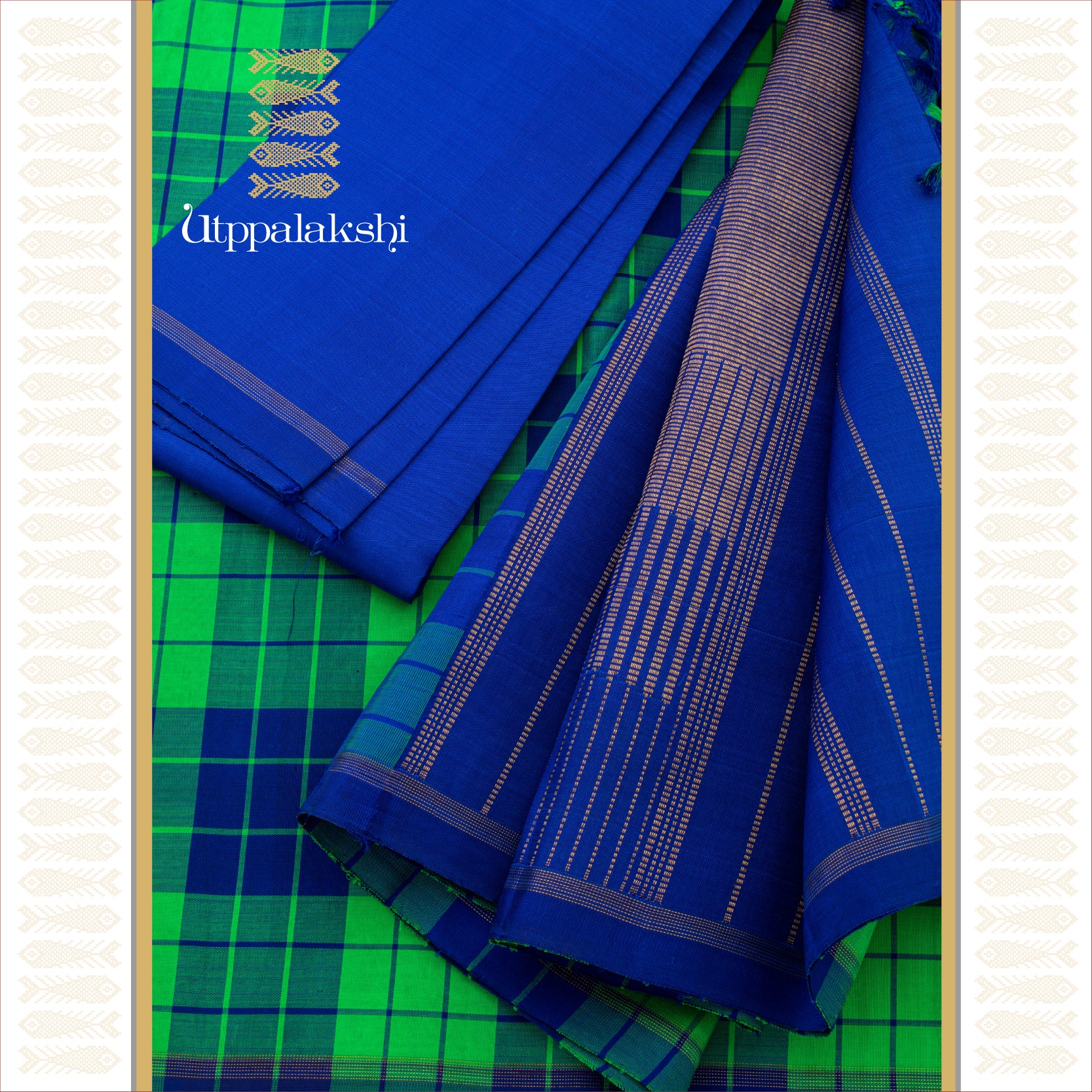 Green and Royal Blue Checks with Seer Pallu - AN UTPPALAKSHI HANDWOVEN KANJIVARAM SILK SAREE