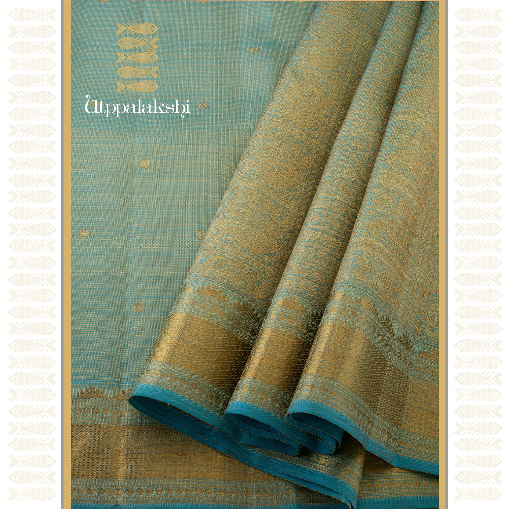 Ice Blue Vaira Oosi with Kamalam Butta and Temple Motifs - AN UTPPALAKSHI HANDWOVEN KANJIVARAM SILK SAREE