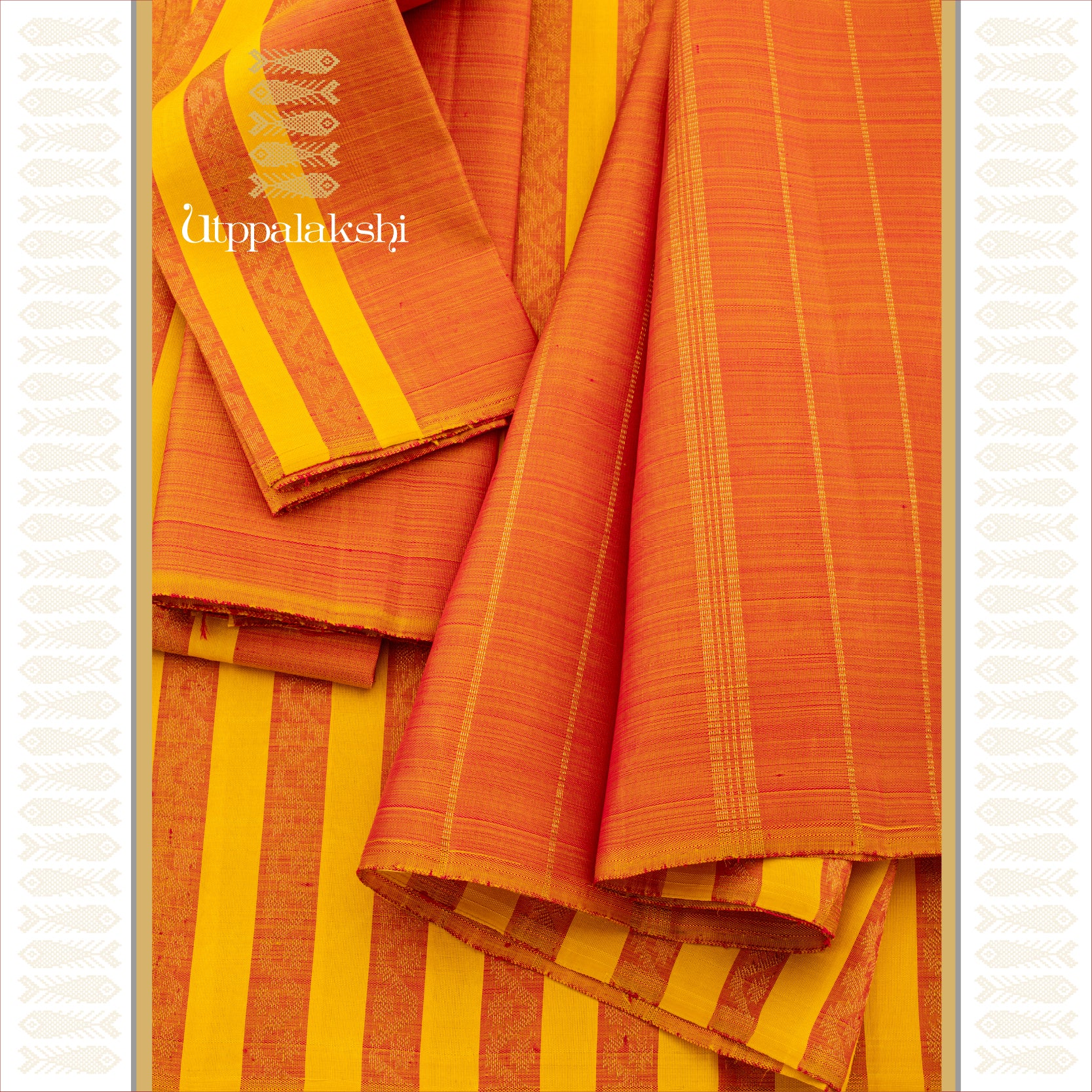 Yellow with Peach Zari Kodi Lines and Seer Pallu - AN UTPPALAKSHI HANDWOVEN KANJIVARAM SILK SAREE