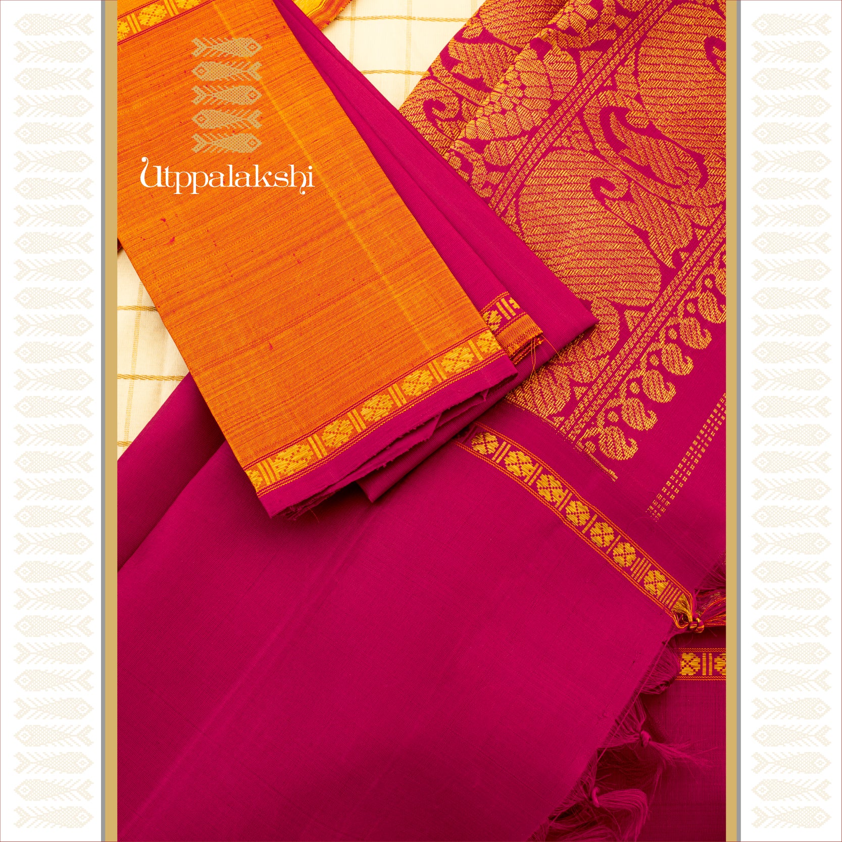 Off-White Zari Checks with Ganga Jamuna Kamalam Border - AN UTPPALAKSHI HANDWOVEN KANJIVARAM SILK SAREE