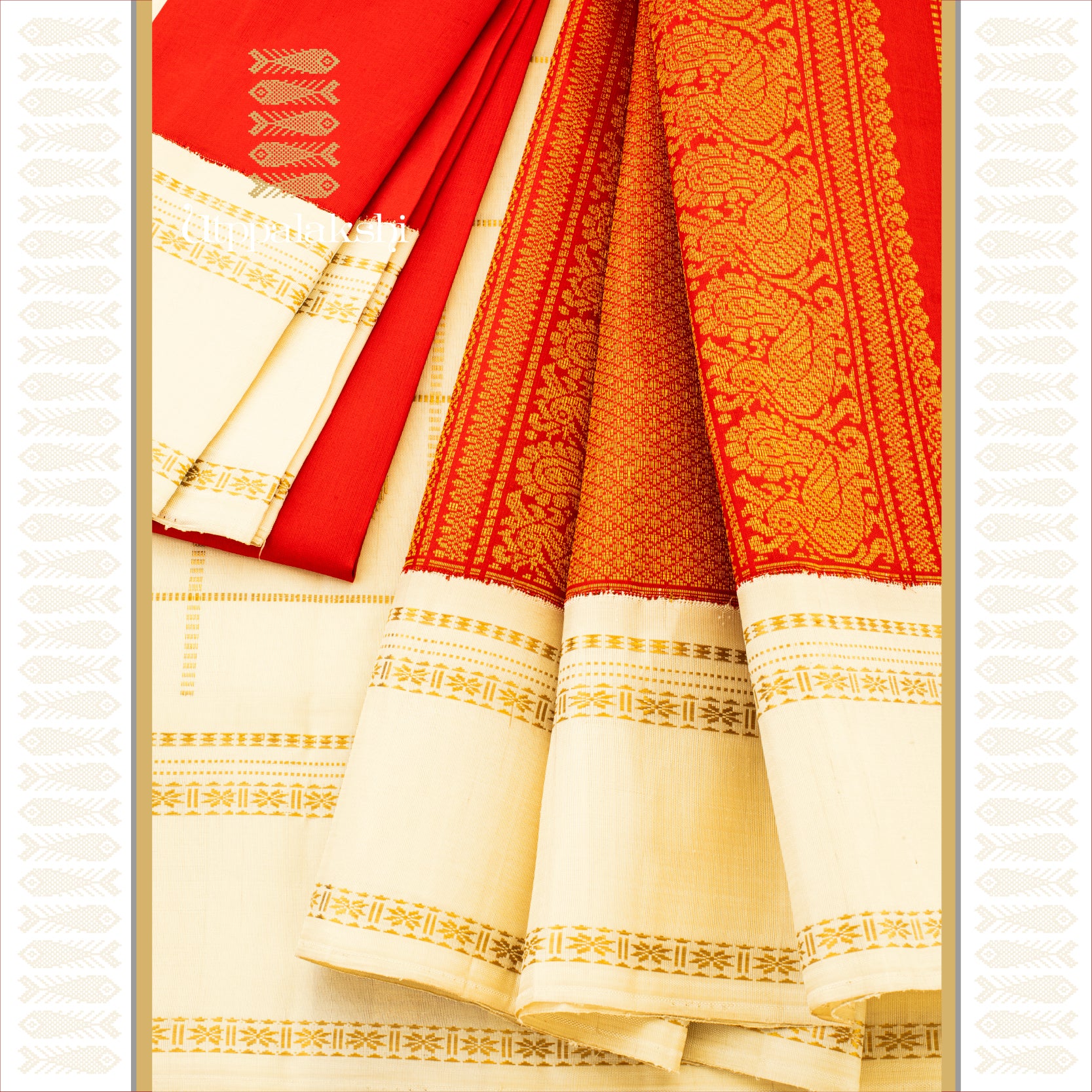 Off-White Muthukattam with Gandaberunda Motifs and Red Korvai Pallu - AN UTPPALAKSHI HANDWOVEN KANJIVARAM SILK SAREE