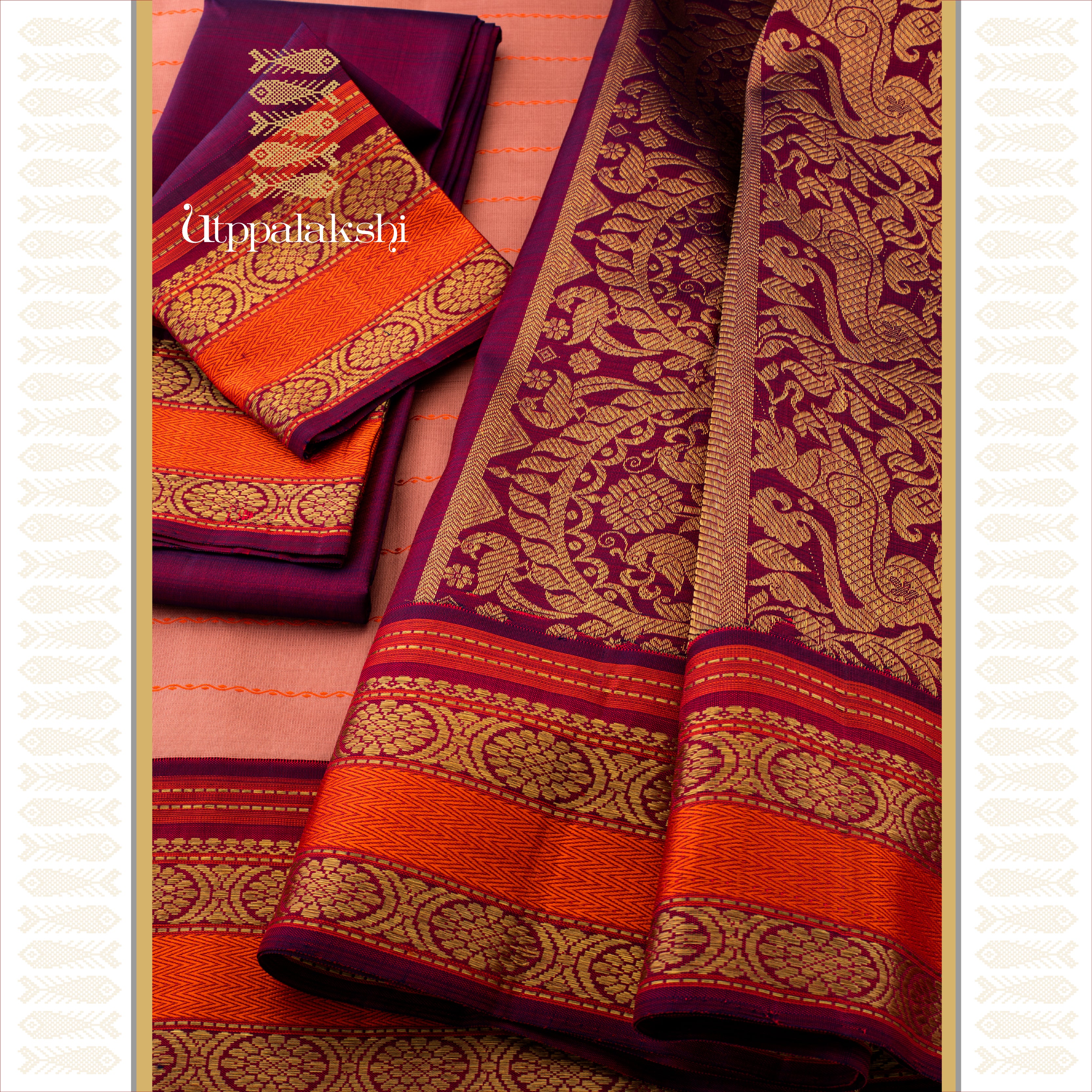 A Master Weaver’s Kanjivaram Classic - Keva Veildhari with Kaapi Podi Border - AN UTPPALAKSHI HANDWOVEN KANJIVARAM SILK SAREE (Copy)