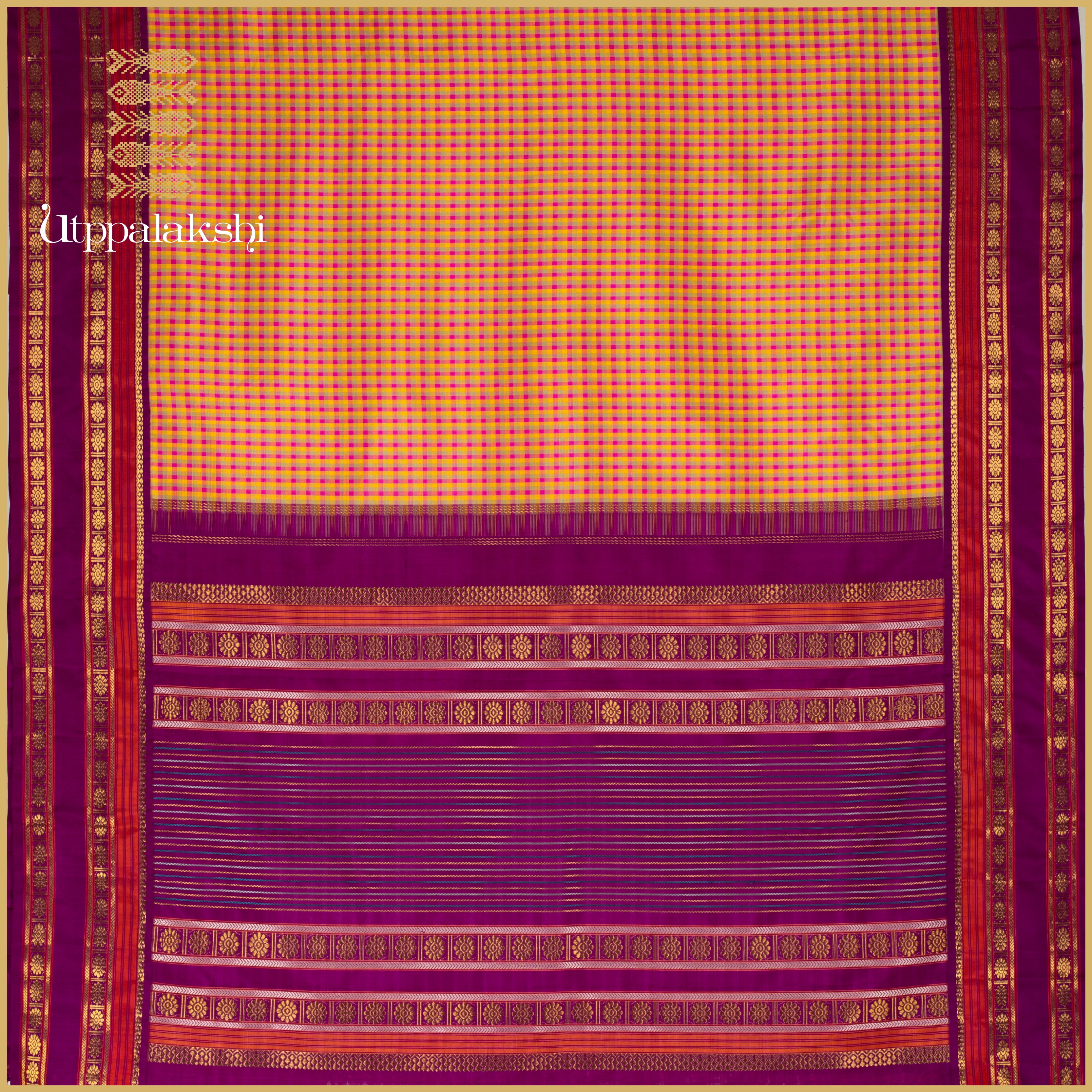 A Master Weaver’s Creation - Triple-Colour Pattani Checks with Purple Kamalam Border - AN UTPPALAKSHI HANDWOVEN KANJIVARAM SILK SAREE