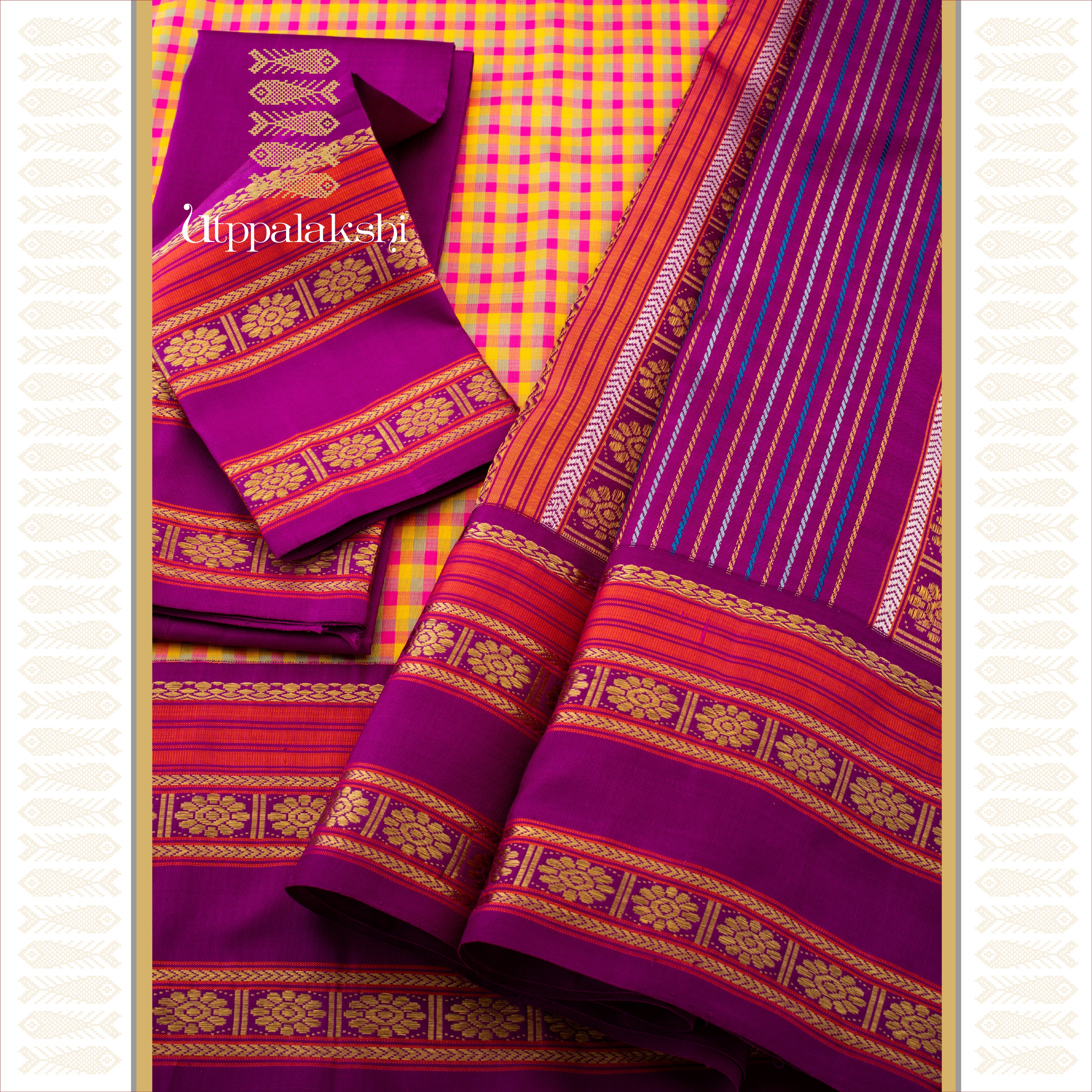 A Master Weaver’s Creation - Triple-Colour Pattani Checks with Purple Kamalam Border - AN UTPPALAKSHI HANDWOVEN KANJIVARAM SILK SAREE