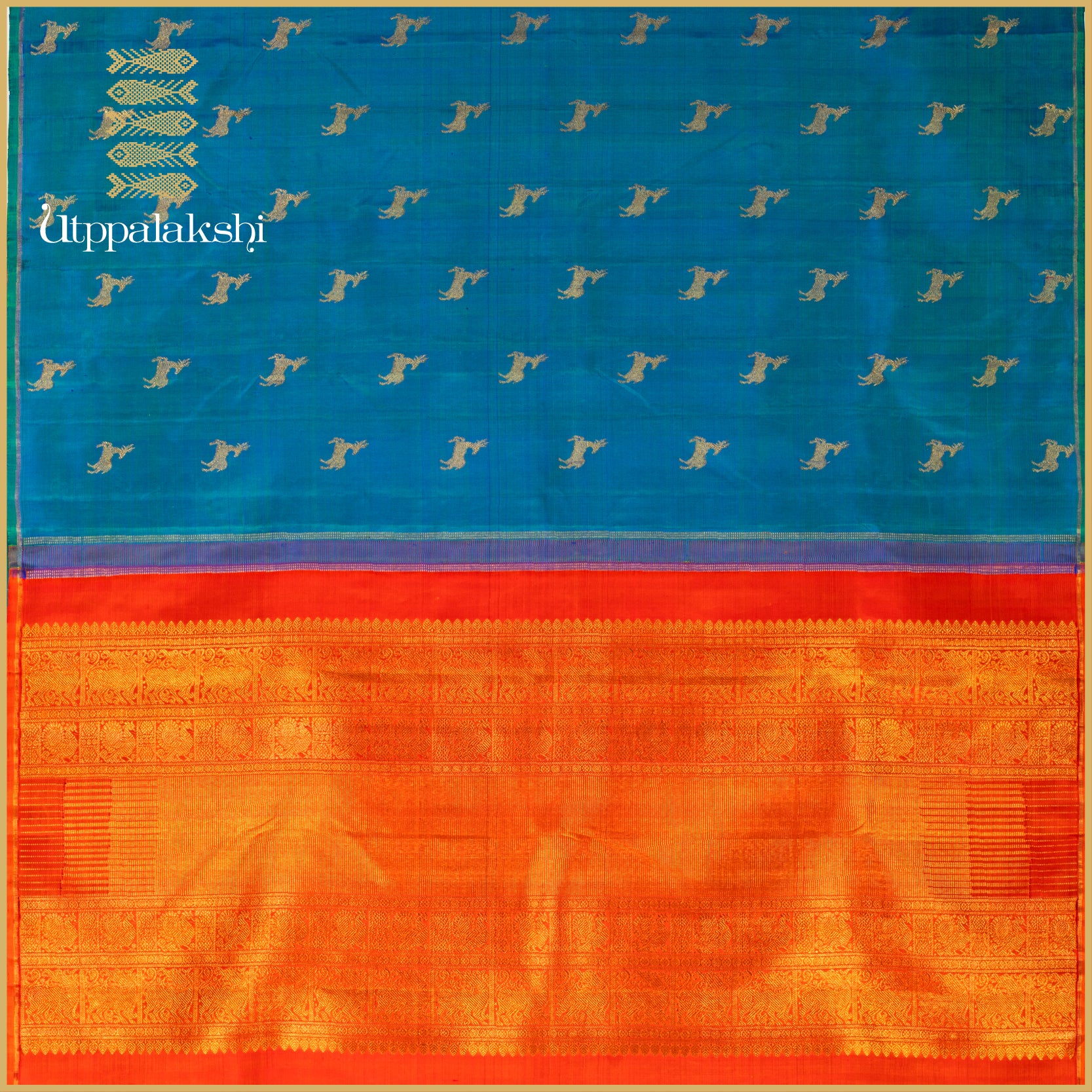 Light Peacock Blue with Orange Pallu and Annam–Yaazhi Motifs - AN UTPPALAKSHI HANDWOVEN KANJIVARAM SILK SAREE