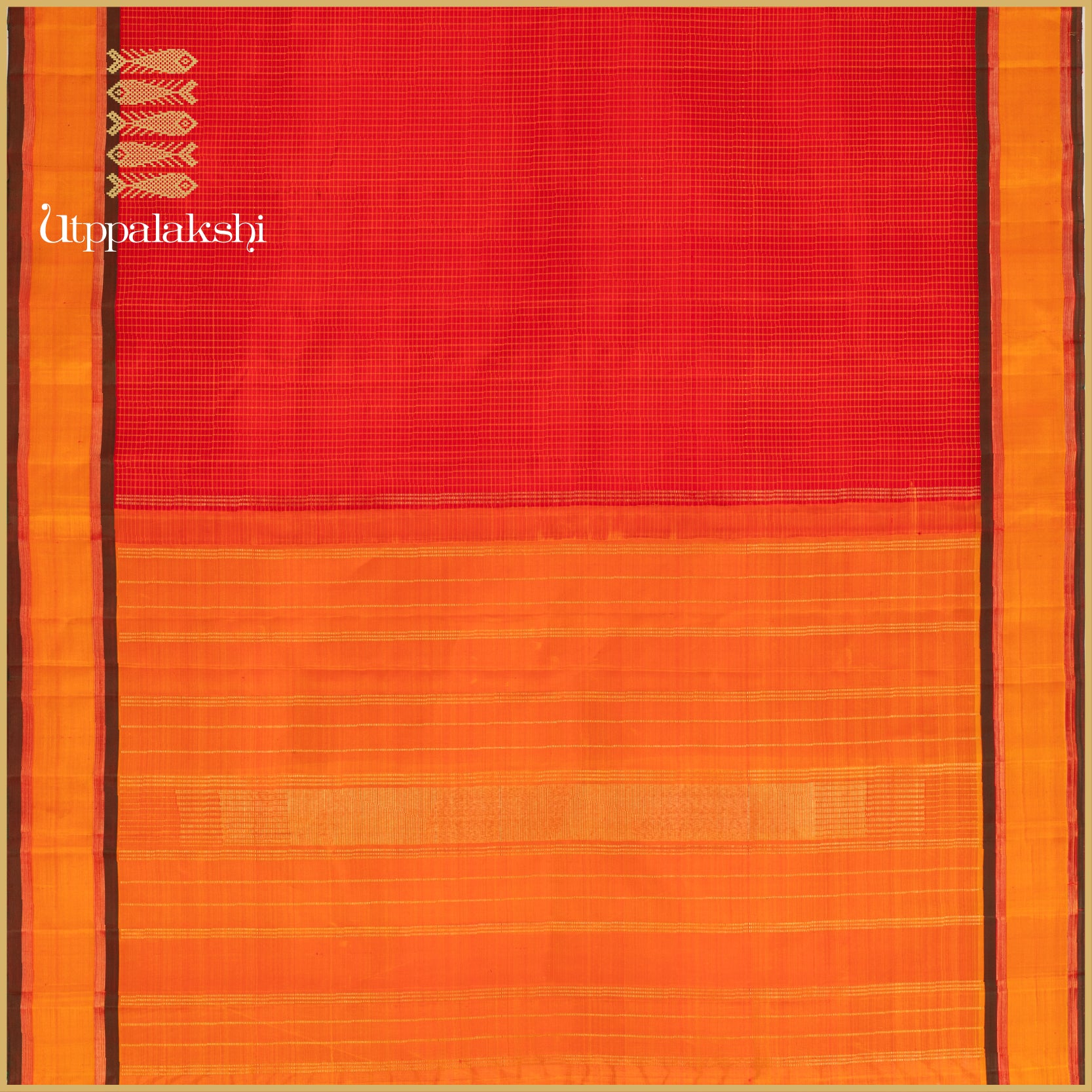 Tomato Red Muthukattam with Mustard with Mandhulir Accents- AN UTPPALAKSHI HANDWOVEN KANJIVARAM SILK SAREE