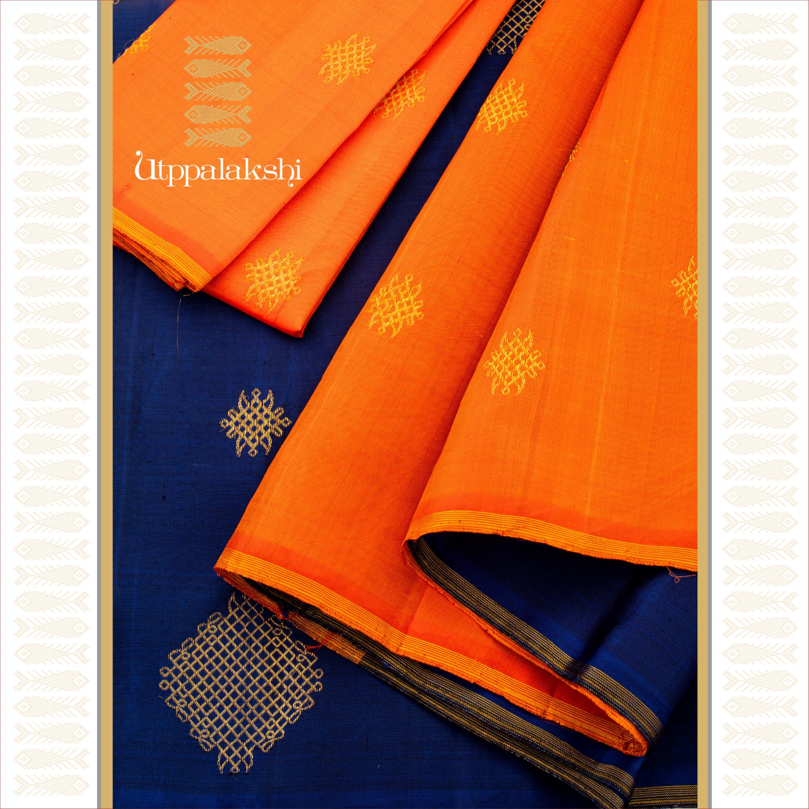 MS Blue Kolam Saree with Orange Contrast - AN UTPPALAKSHI HANDWOVEN KANJIVARAM SILK SAREE